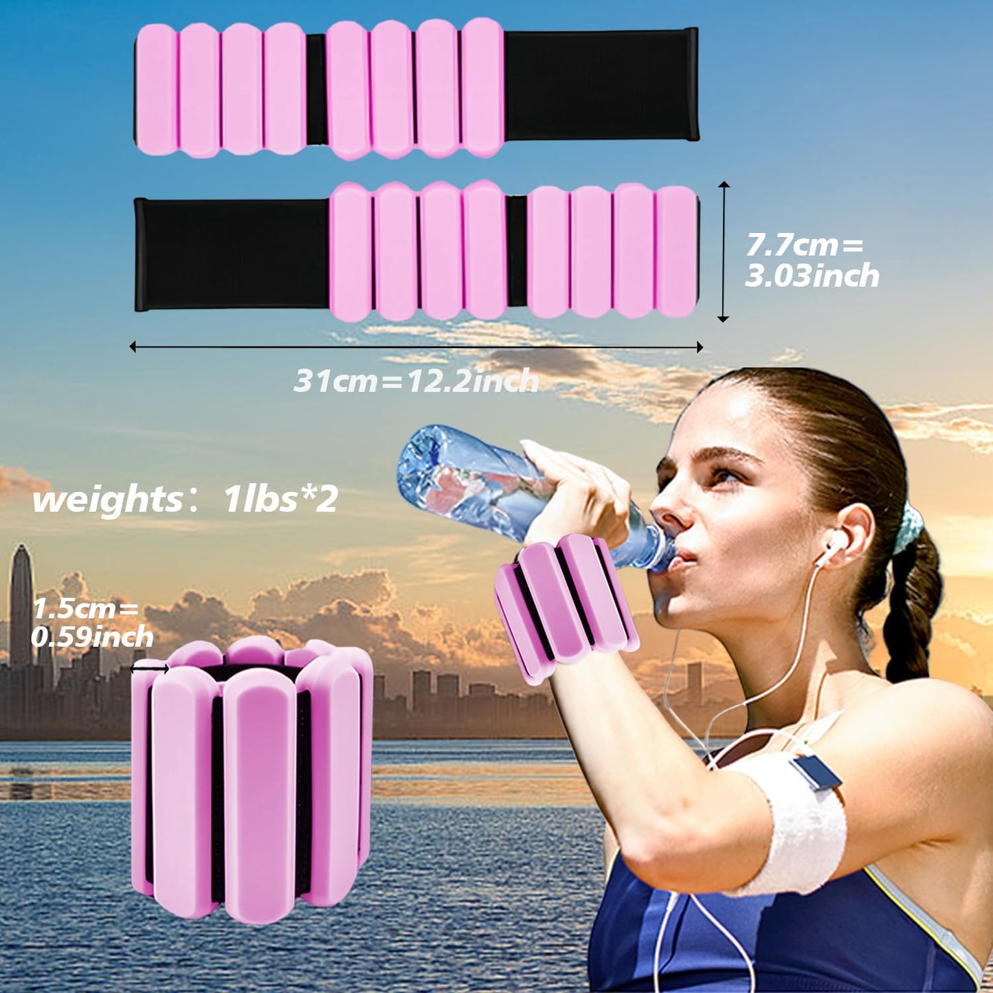Wrist and Ankle Weights for Women & Men 2 Pack (1lb Each), Adjustable Silicone Wearable Arm & Leg Weights for Pilates, Gym, Yoga, Cardio, Strength Training (Pink)