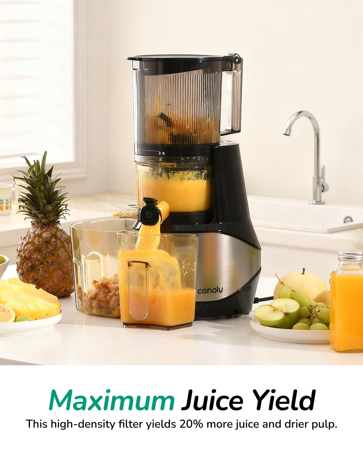 Canoly C09 Cold Press Juicer, 6" Extra Wide Feed Chute, 3-IN-1 Strainers (Juice & Sorbet & Nut Milk), Powerful AC Brushless Motor, Self Precut System, Juicer Machines with BPA-Free (Classic)