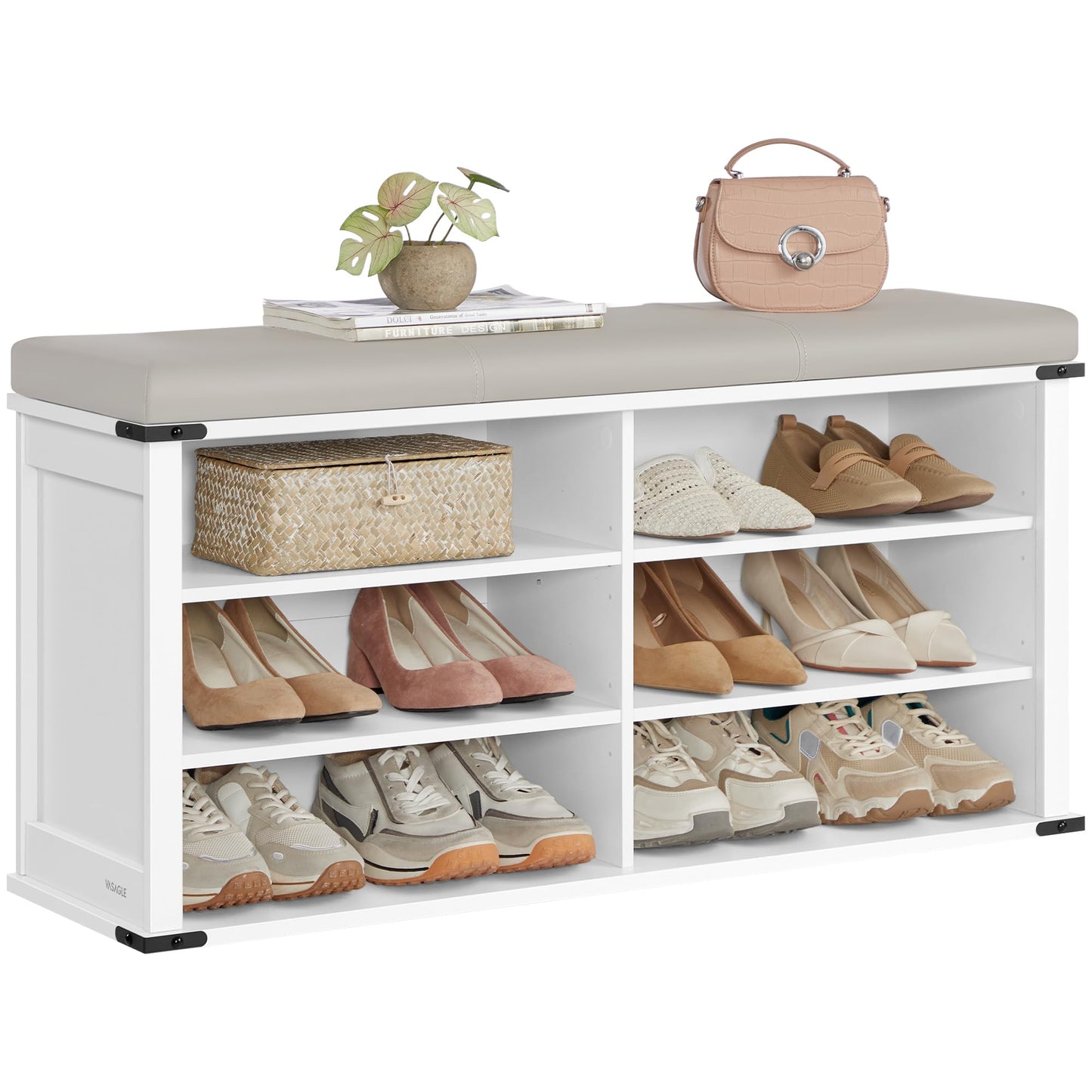 VASAGLE Shoe Storage Bench with Removable Cushion, Shoe Rack with Padded Seat, Entryway Bench with 6 Open Compartmens, Adjustable Shelves, for Hallway, Bedroom, Cloud White ULSB105W01