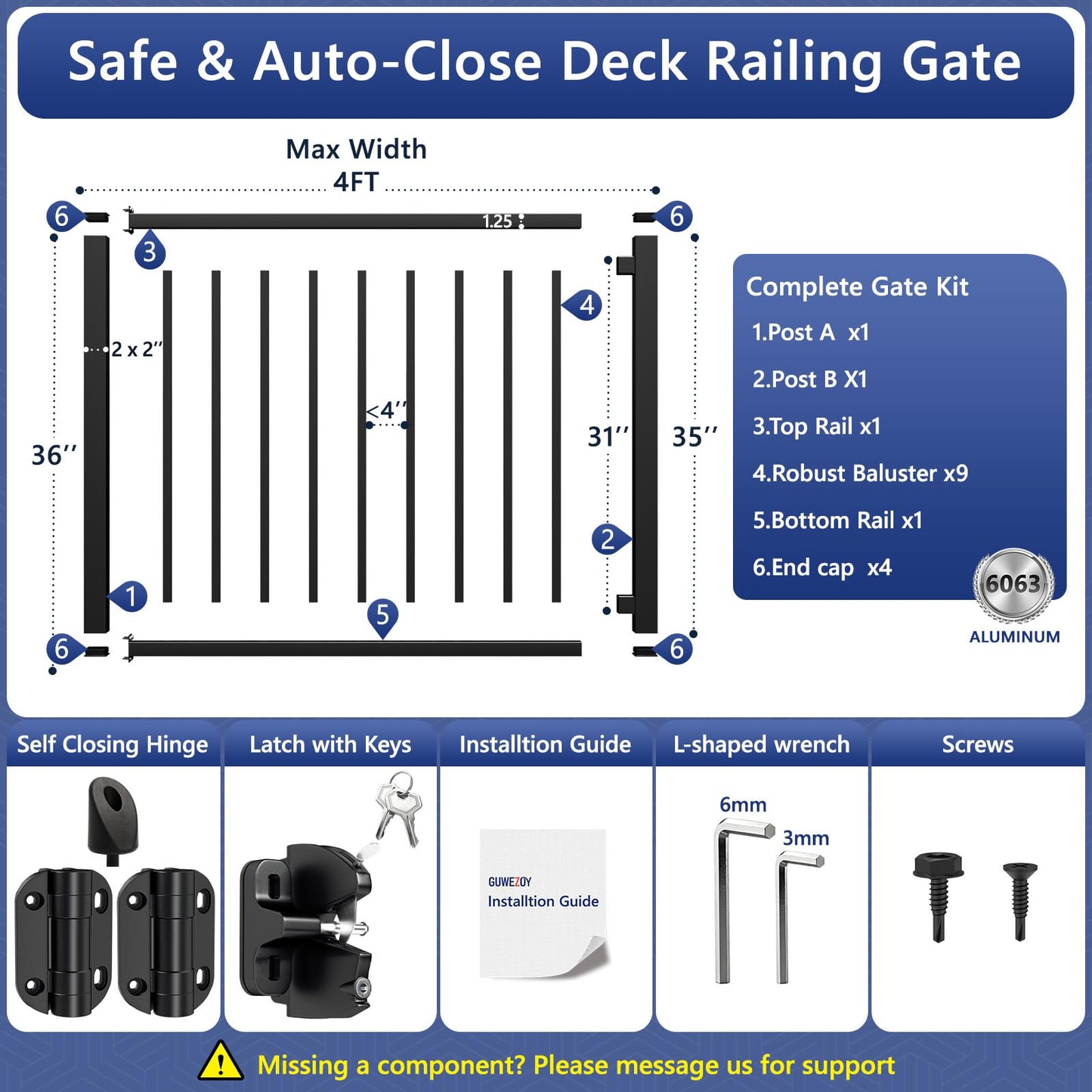 Guwezoy W.4ft x H.36in Aluminum Deck Gate Outdoor, Cuttable Porch Gate Kit with Latch and Auto-Closing Hinge, AAMA 2604–Grade Sand-Texture Black Outdoor Gate for Deck Railing Patios, Porch, Garden