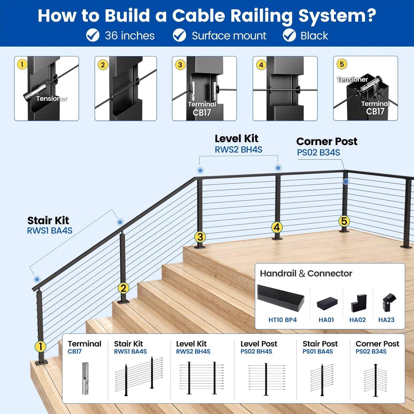 Muzata 600 ft 1/8" Black Stainless Steel Cable Railing System Hardware T316 Stainless Steel Wire Rope 7x7 Strands 1800 lb Breaking Strength Black Cable Railing Kit for Indoor Outdoor WR19