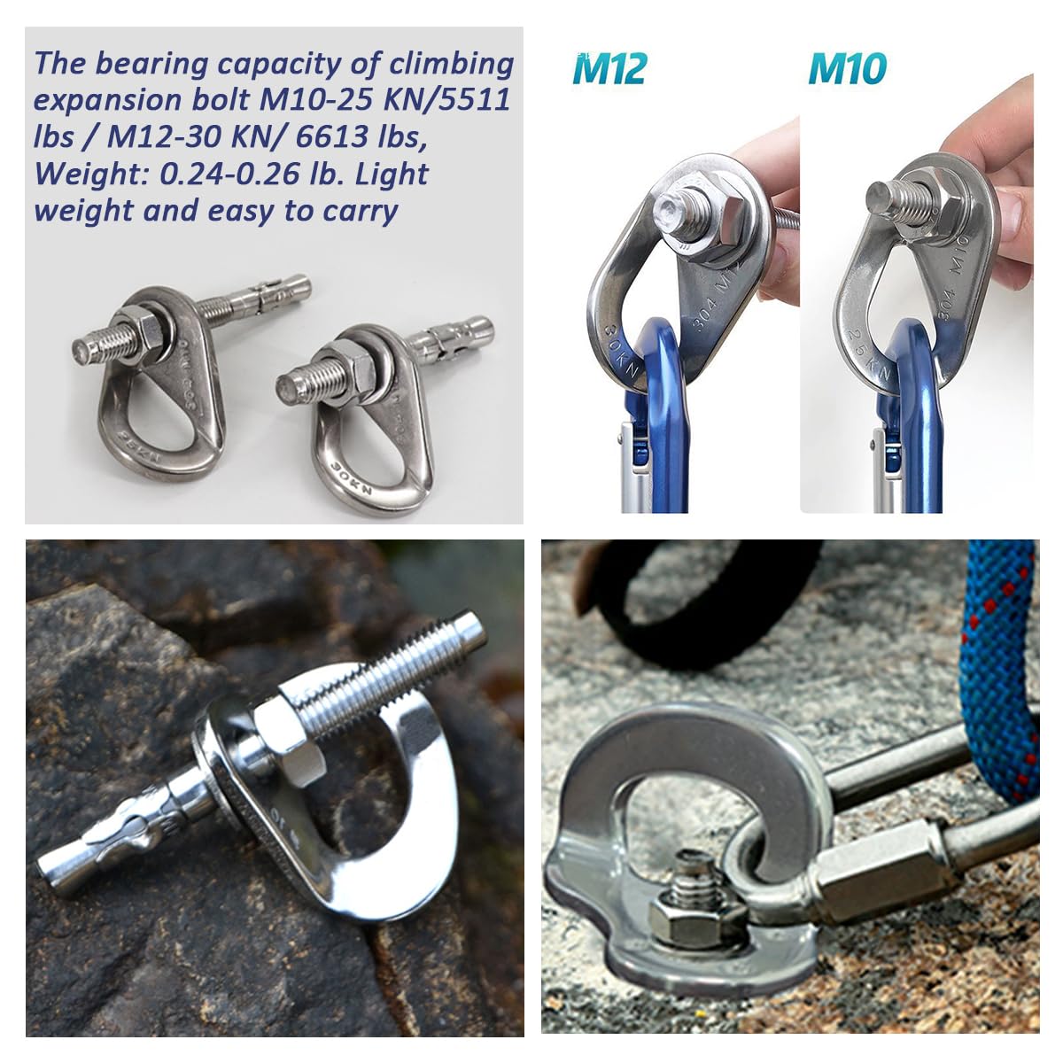 YZTONGPAO 304 Stainless Steel Climbing Anchor Bolt, 25-30KN Rock Climbing Bolt Hanger, M10 and M12 Climb Fastening Bolt Safe Fixed Point, 4 Set Rock Climbing Holds
