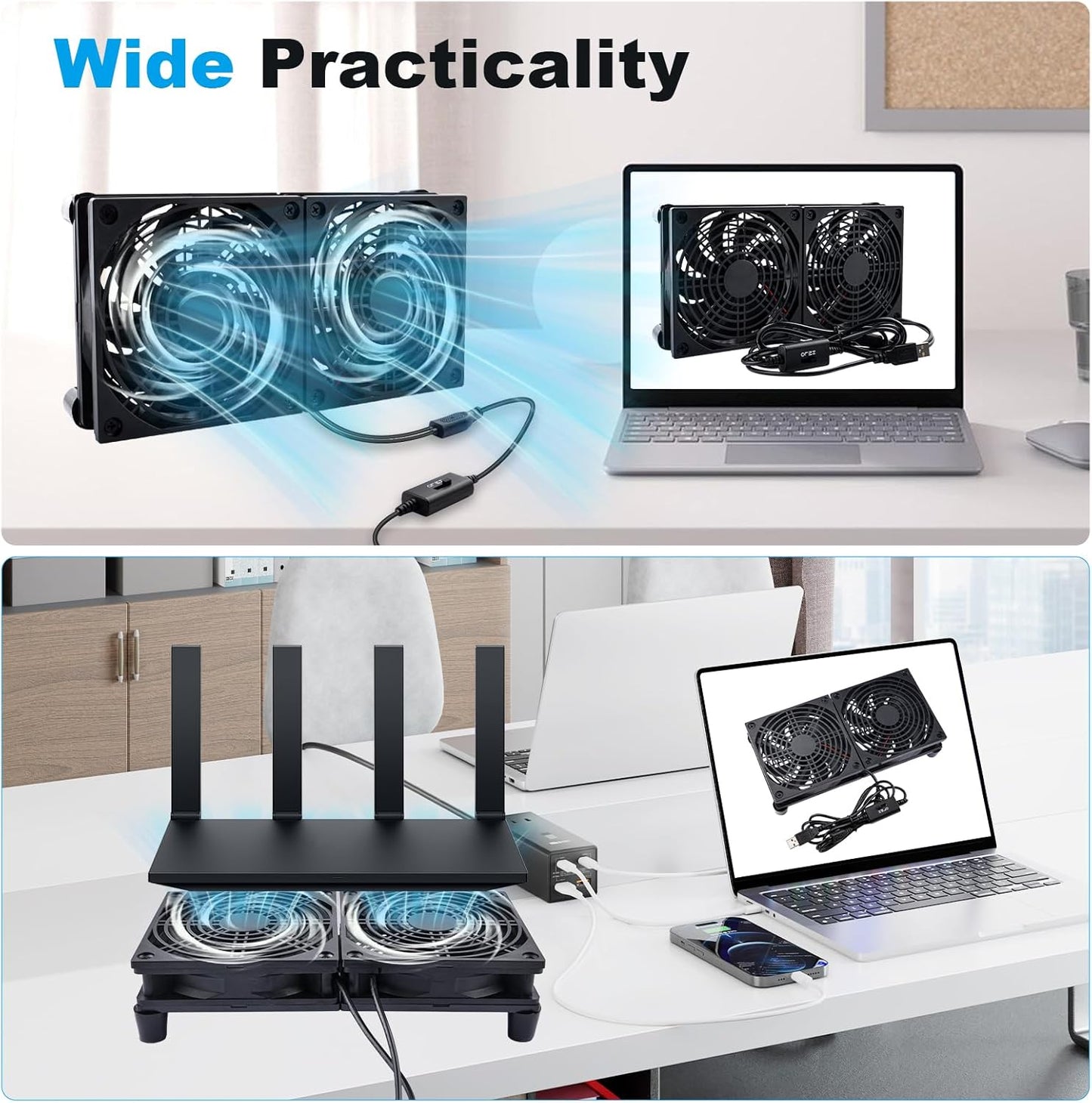 120mm 5V, 3-Degree Quiet Dual USB Fan Dual-Ball Bearings, USB Fan with L/M/H Speed Controller High Airflow Cooling Fan