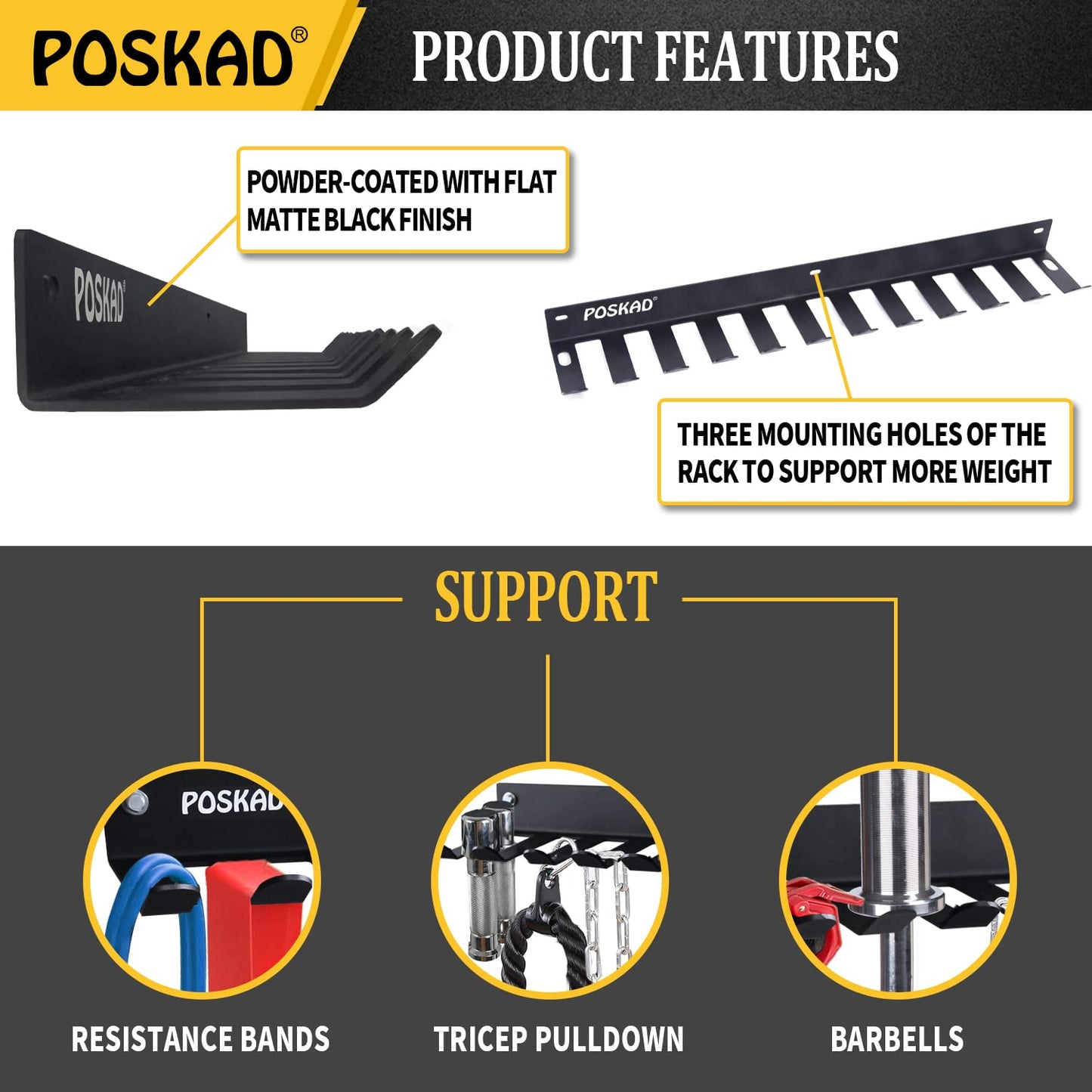 Poskad Gym Storage Rack,12 Hook Heavy-Duty Steel Gym Organizer Wall Mount Hanger for Home and Pro, Gym Accessory Storage Resistance Bands,Jump Ropes,Lifting Belt,Barbells. (24'' -12 hooks)