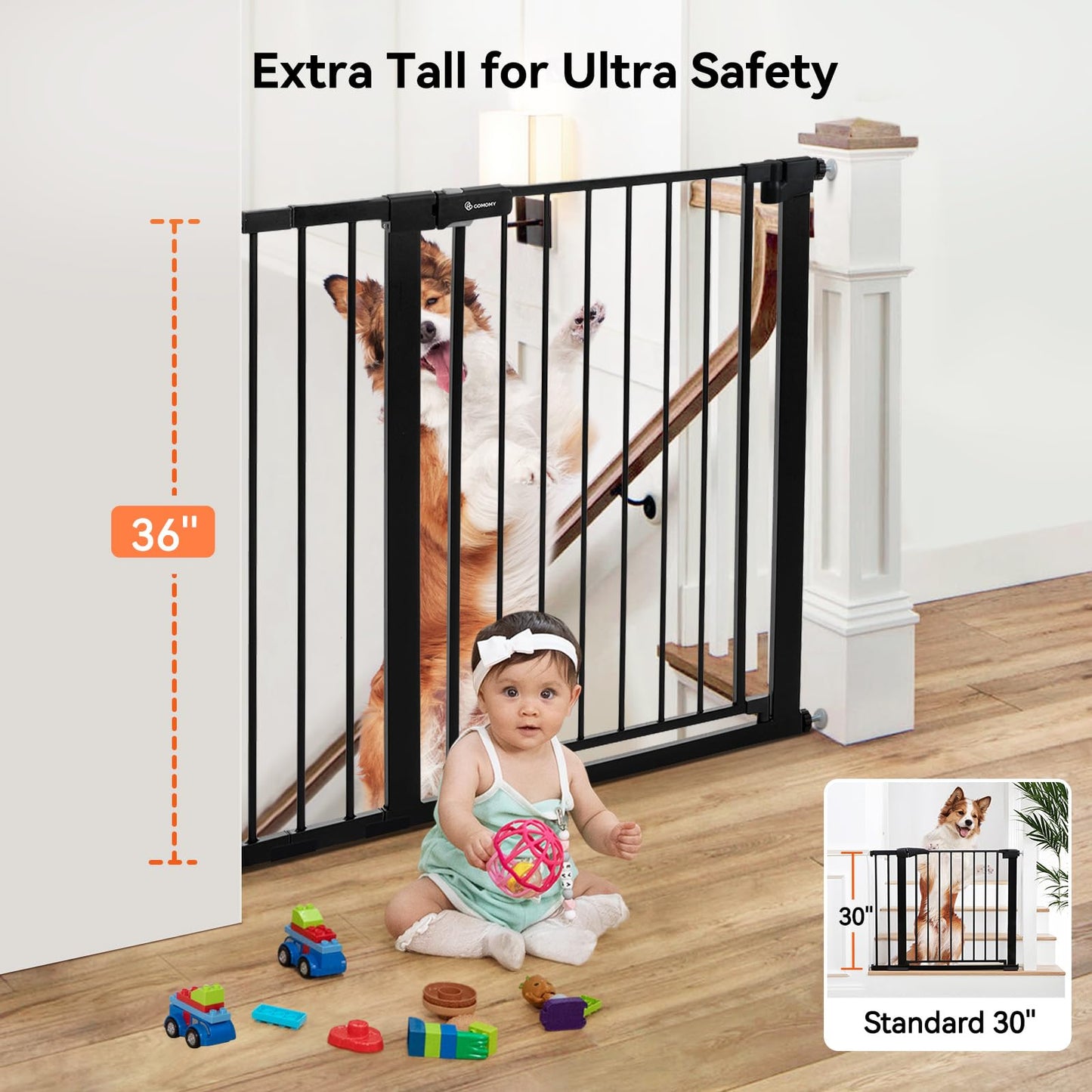 COMOMY 36" Extra Tall Baby Gate for Stairs and Doorways - Fits 29.5" to 48.8" Wide Openings, Auto Close Extra Wide Dog Gate for House, Pressure Mounted Easy Walk Through Pet With Door, Black
