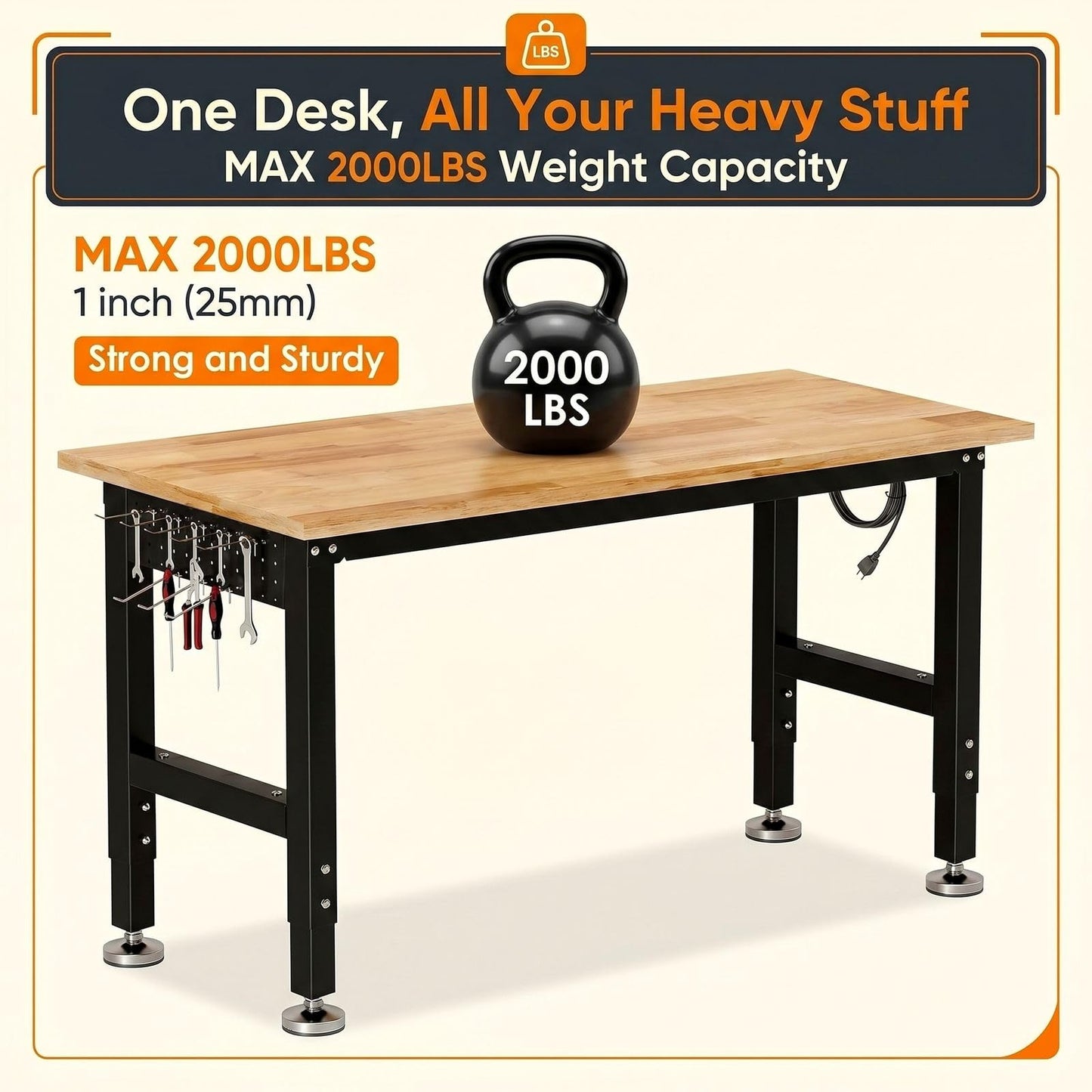 TLGREEN 48" Adjustable Workbench | Solid Rubberwood Top | 2000lbs Heavy-Duty Work Table | Pegboard, Hooks & Power Outlets | Garage, Workshop, Office