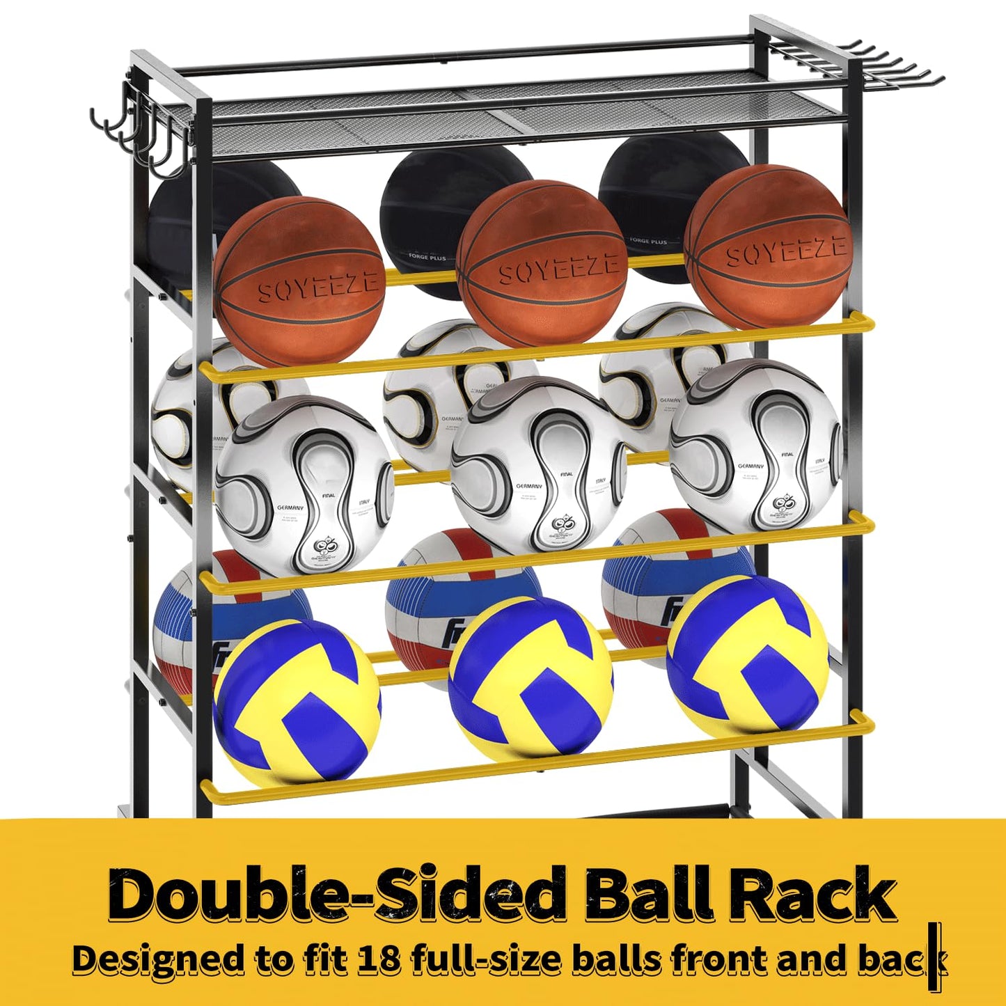 SOYEEZE Garage Sports Equipment Organizer-Large 5 Layer Ball Storage, Basketball Stand Holder, Outdoor toy storage, Baseball Bat Rack, Rolling Ball Cart with Hooks and Wheels for Indoor/Outdoor Use