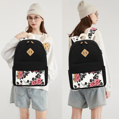 FADOVYE Travel Laptop Backpack School Backpacks for Teen Girls Women, Kids Bookbag Travel Daypacks with Lunch Bag and Pencil Bag, Floral