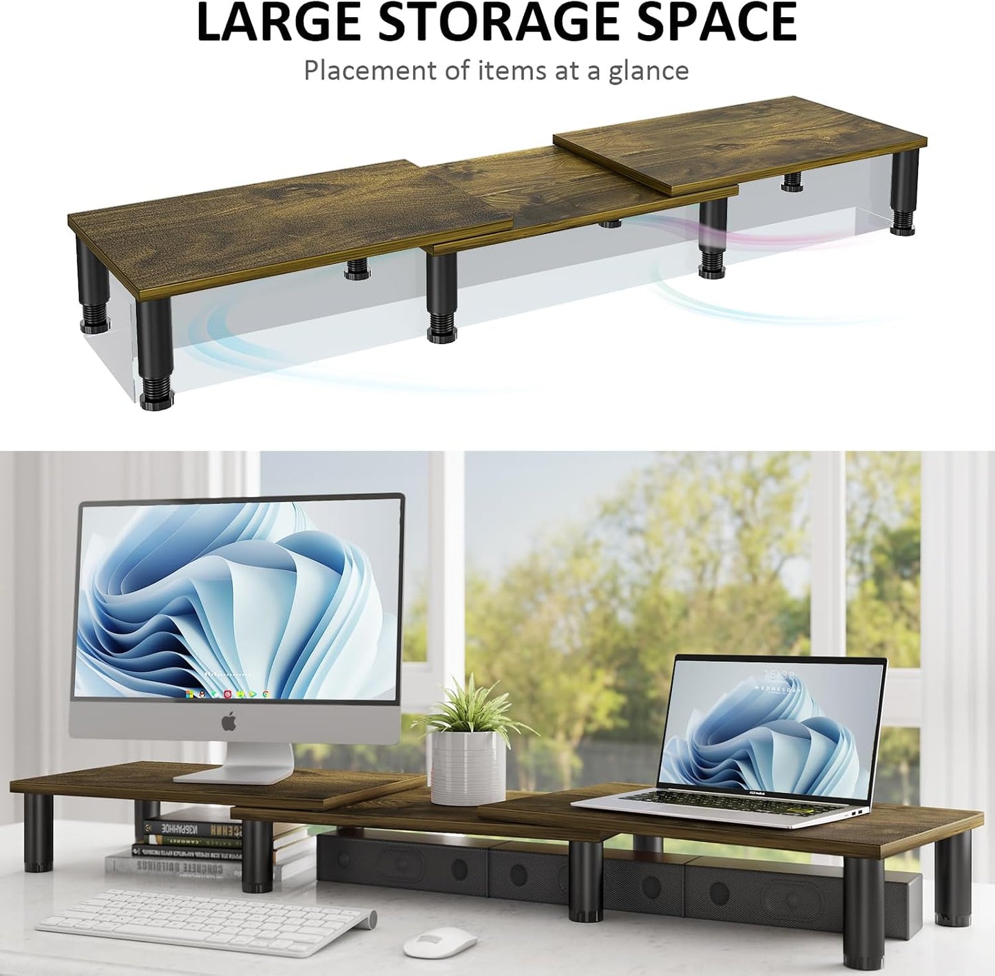 2 AX WABER Dual Monitor Stand Riser, Monitor Stand with Adjustable Length and Angle, Wood Monitor Stand for Desk