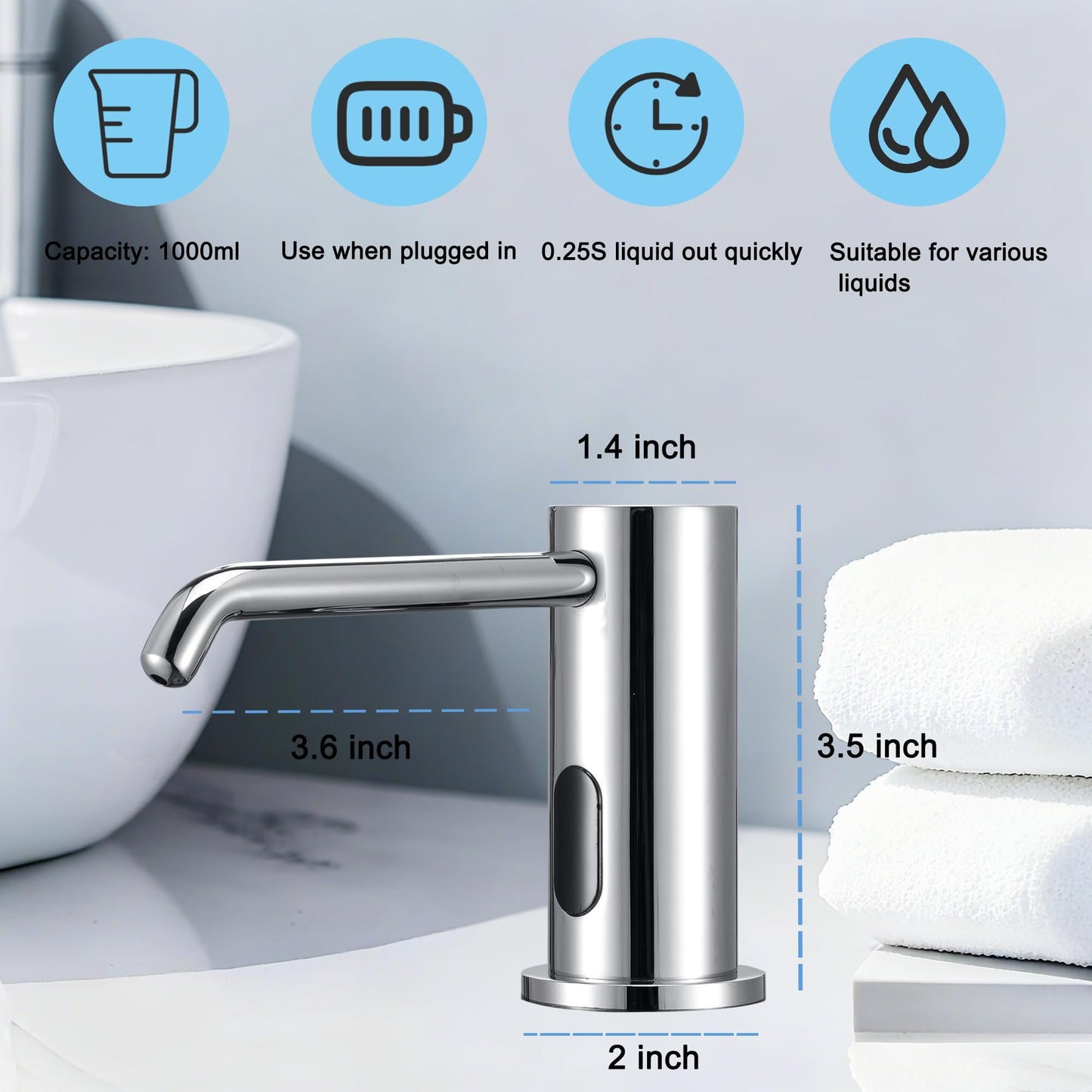 Touchless Automatic Soap Dispenser Built-in Sink Electric Soap Dispenser for Kitchen Bathroom Commercial Home Use, Infrared Sensor with 33.81oz/1000ml Bottle Pump, Chrome