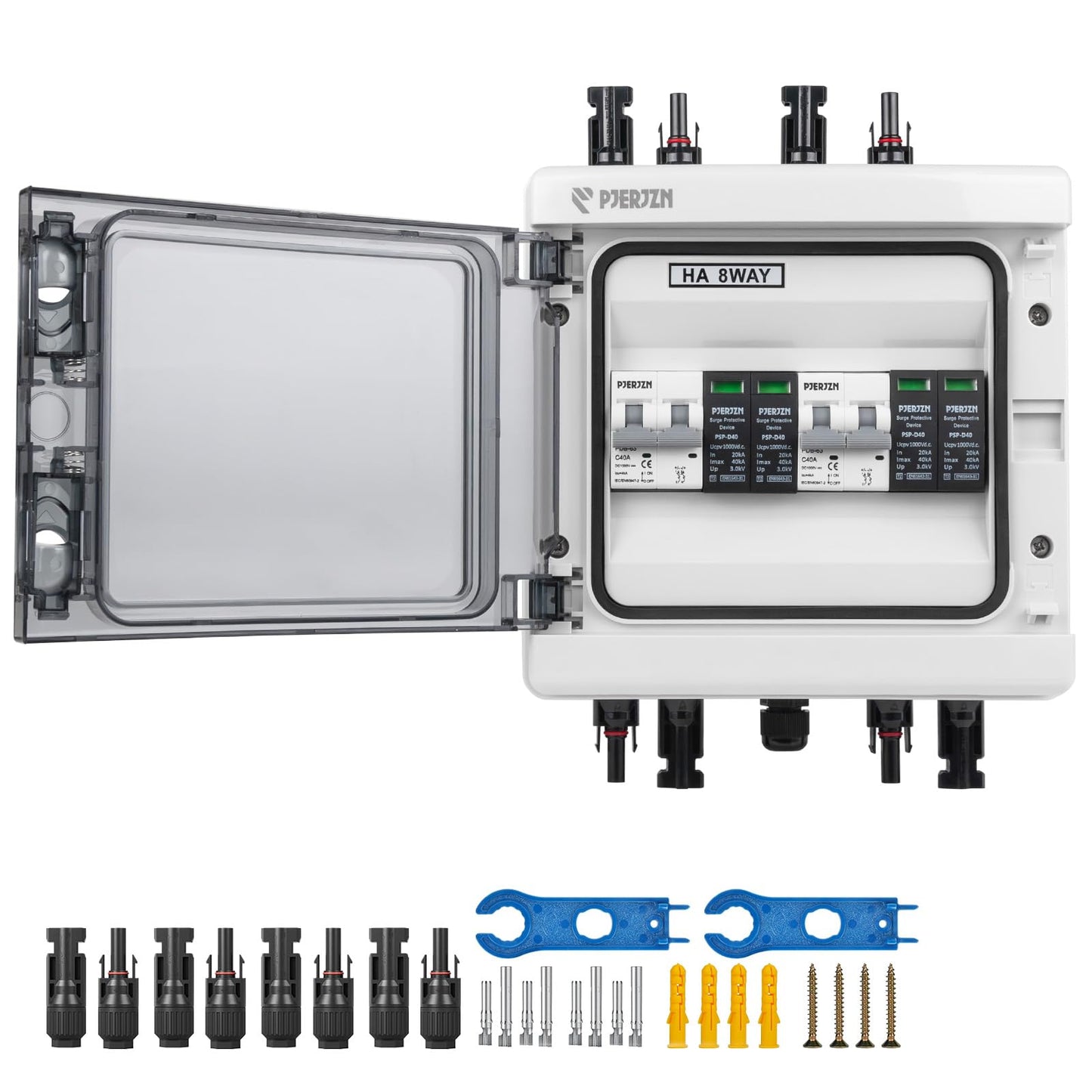 PJERJZN Solar Combiner Box 2 String PV Combiner Box 1000V DC 40A & 20-40KA SPD Power Distribution Box for Solar Panels Off-Grid Systems (2String 2 in 2 Out)