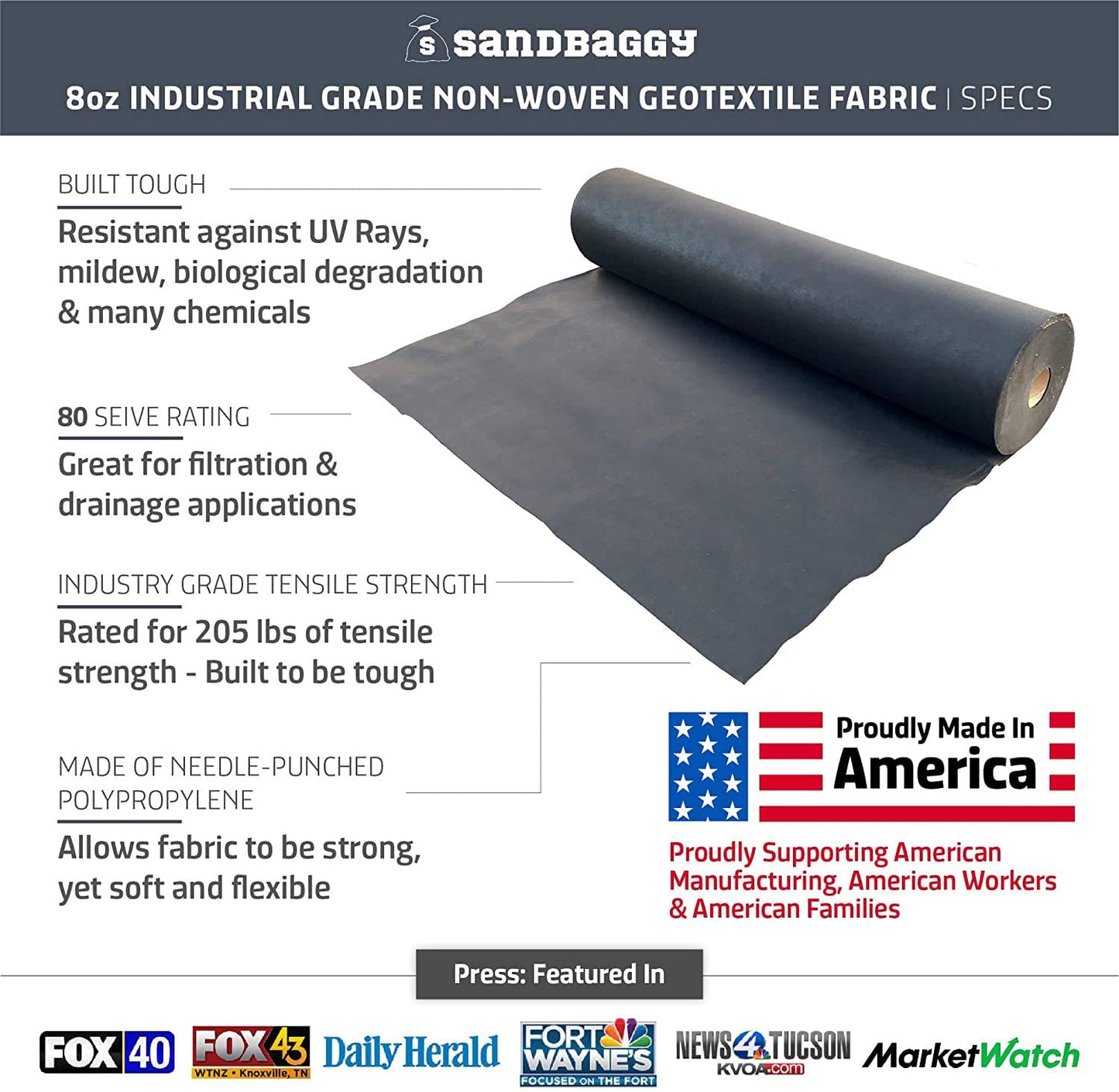 Sandbaggy Paver Underlayment Fabric 8 oz | for All Types of Pavers | Made in America | 50 Year Fabric | 2X Thicker Than Competition | UV Protected Industrial Grade Fabric (6 ft x 100 ft Roll)