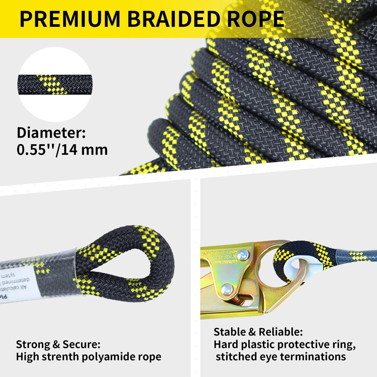 Meyoppm 100FT Vertical Lifeline Assembly, Heavy Duty Fall Protection Safety Rope with Rope Grab, Steel Snap Hooks & Shock Absorber, Tree Climbing High-Altitude Safety Line Kit, ANSI CE