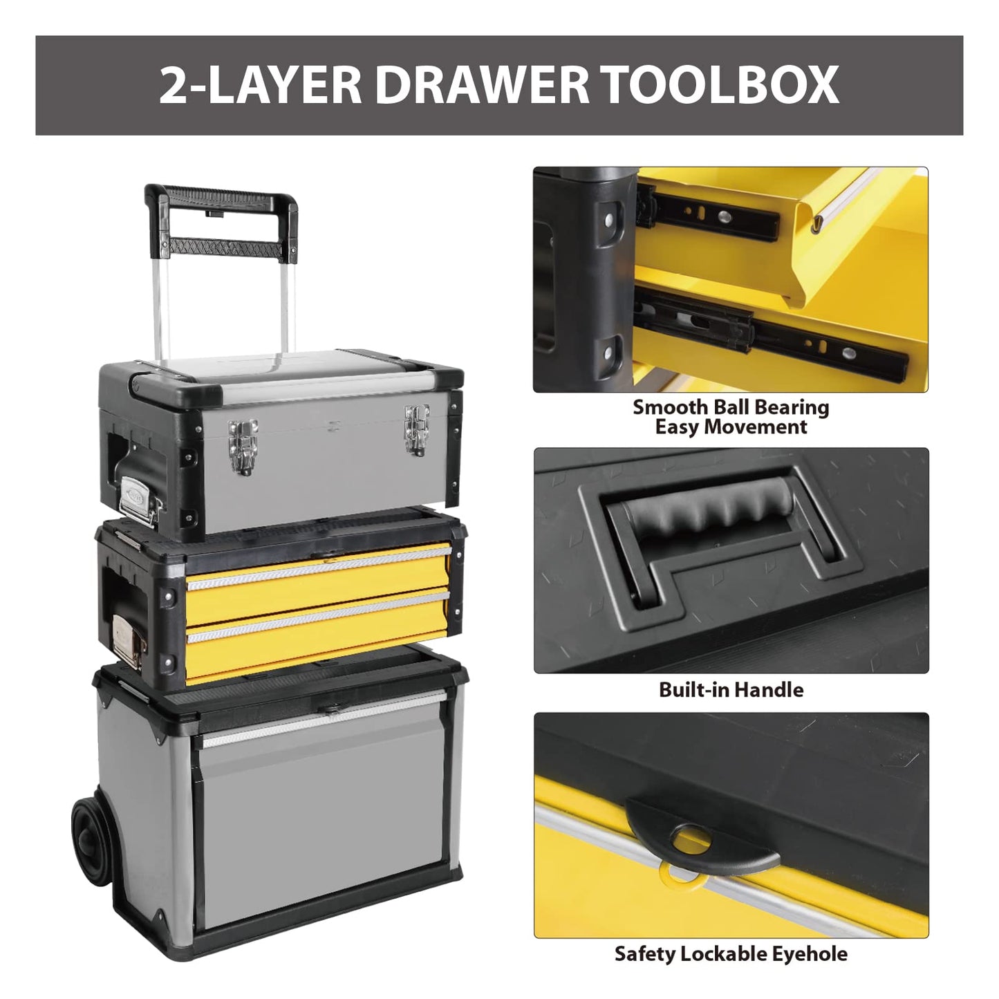 BIG RED Stackable Portable Metal Tool box Organizer with Wheels and 2 Drawers, Rolling Upright Trolley Tool Chest for Garage or Workshop,Yellow,ATRJF-C305ABDYR
