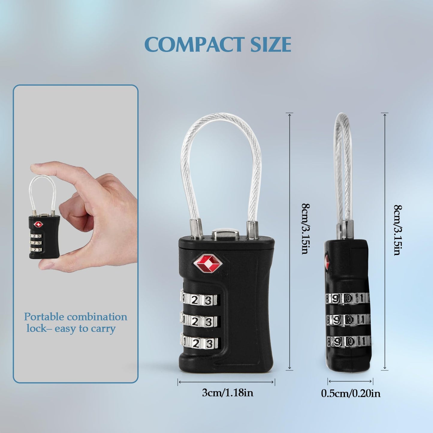 Ech.Apr 2 Pack TSA Approved Luggage Locks, 3-Digit Combination Cable Padlocks for Suitcase, Backpack, Gym Locker & Travel Bags - JY-814 Black