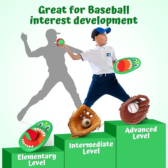 Big Dinosaur Toss and Catch Ball Set, Catch Game Outdoor Toys for Kids and Toddler, Backyard Lawn Games Pool Beach Toys with 4 Rackets, 4 Balls, 1 Drawstring Bag