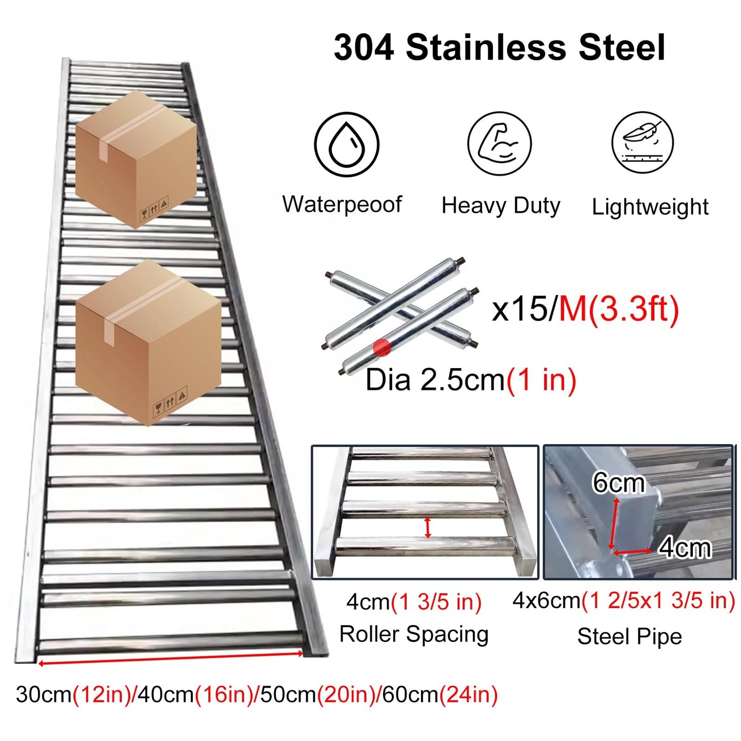 Adjustable Height Stainless Steel Gravity Conveyor for Warehouse Freight Handling & Unloading - Durable Rollers for Logs, Cartons & Woodworking - Silver, 40cm Width