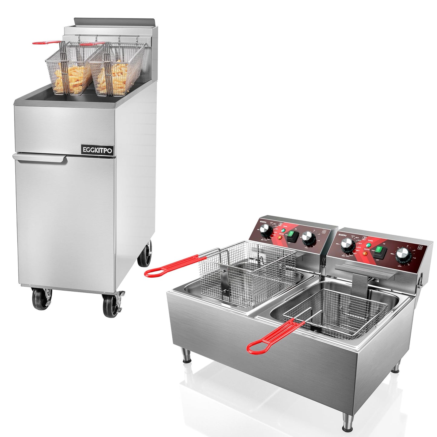 EGGKITPO (ECF3-NG) 40LB 90,000 BTU Natural Gas Fryer and 10L×2 Commercial Fryer with Timer and Basket Dual Tank Fryer(120v 3600w)