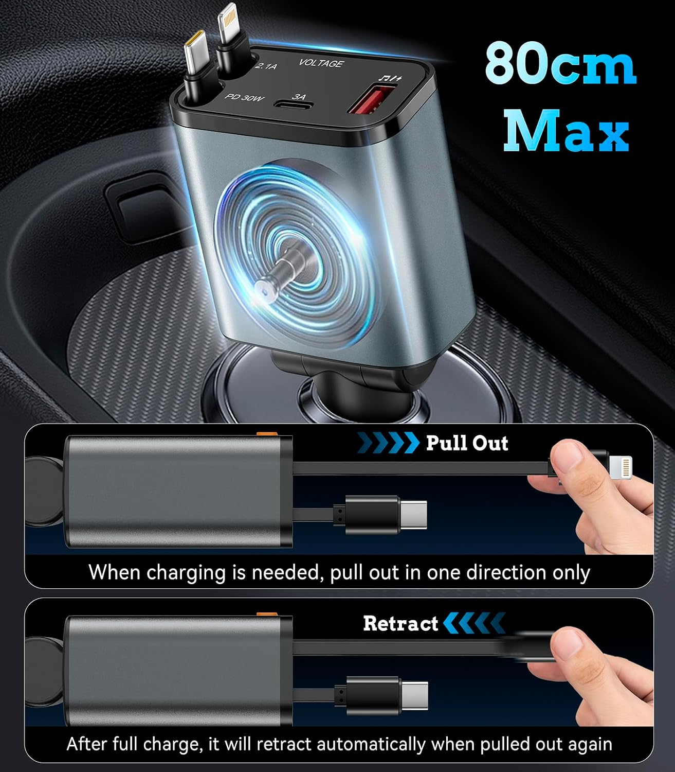 50W MP3 12V/24V PD Car Charger with Bluetooth FM, Retractable Type-C & Lightning Cables, Hands-Free Calling Kit, USB