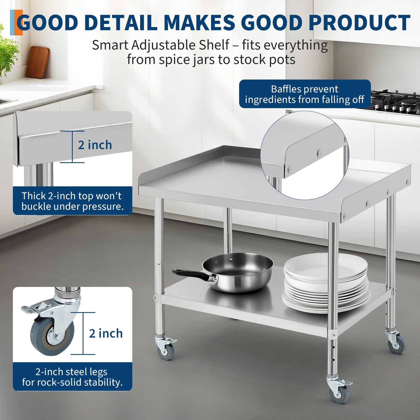 MilleLoom 36"x30"x30" Stainless Steel Grill Stand Table, NSF Certified, 3-Sided 2" Backsplash, Adjustable Legs & Wheels, 660 lbs Capacity, Equipment Stand for Restaurant, Hotel, Home Kitchen