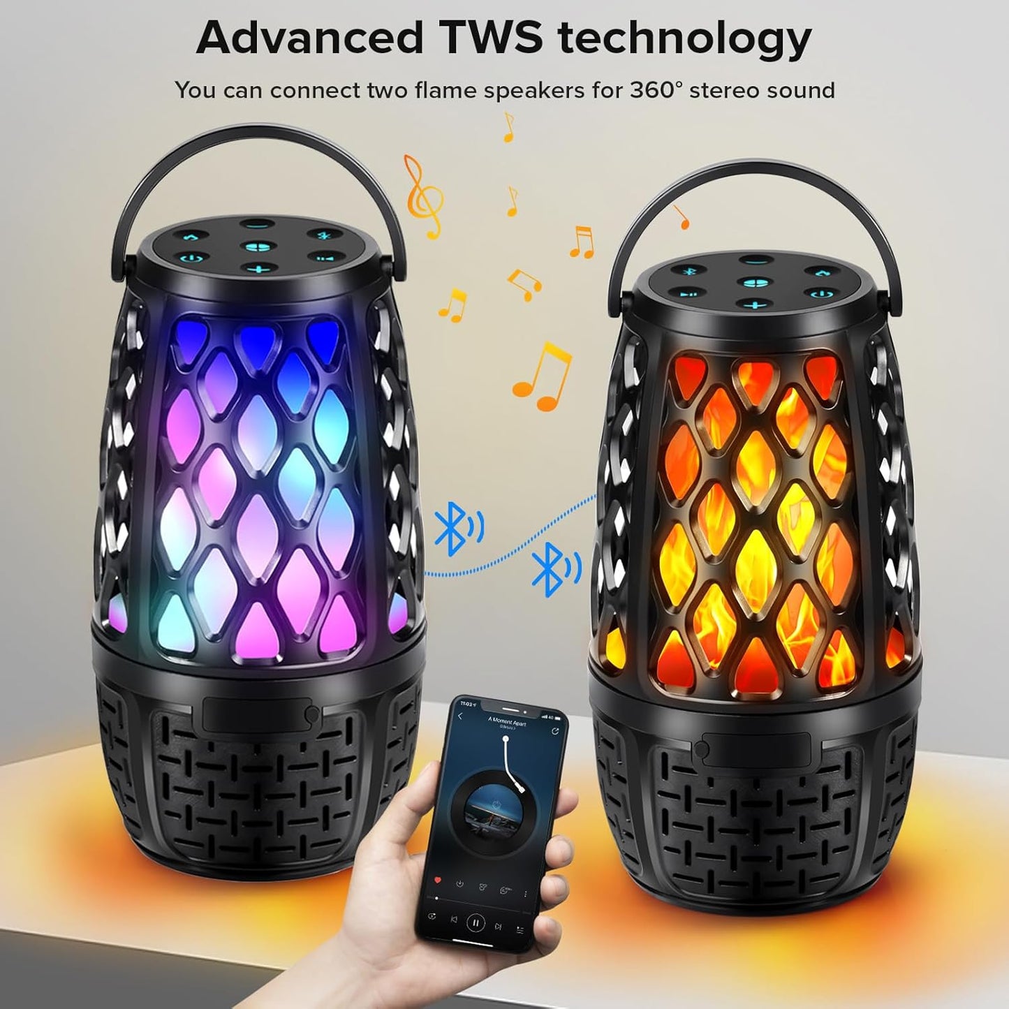 ulinkbee 5.3 100 IPX6 Upgraded Bluetooth Speaker, BT Outdoor Speaker With RGB Flame LED lights Gift for Men, Multi-Sync