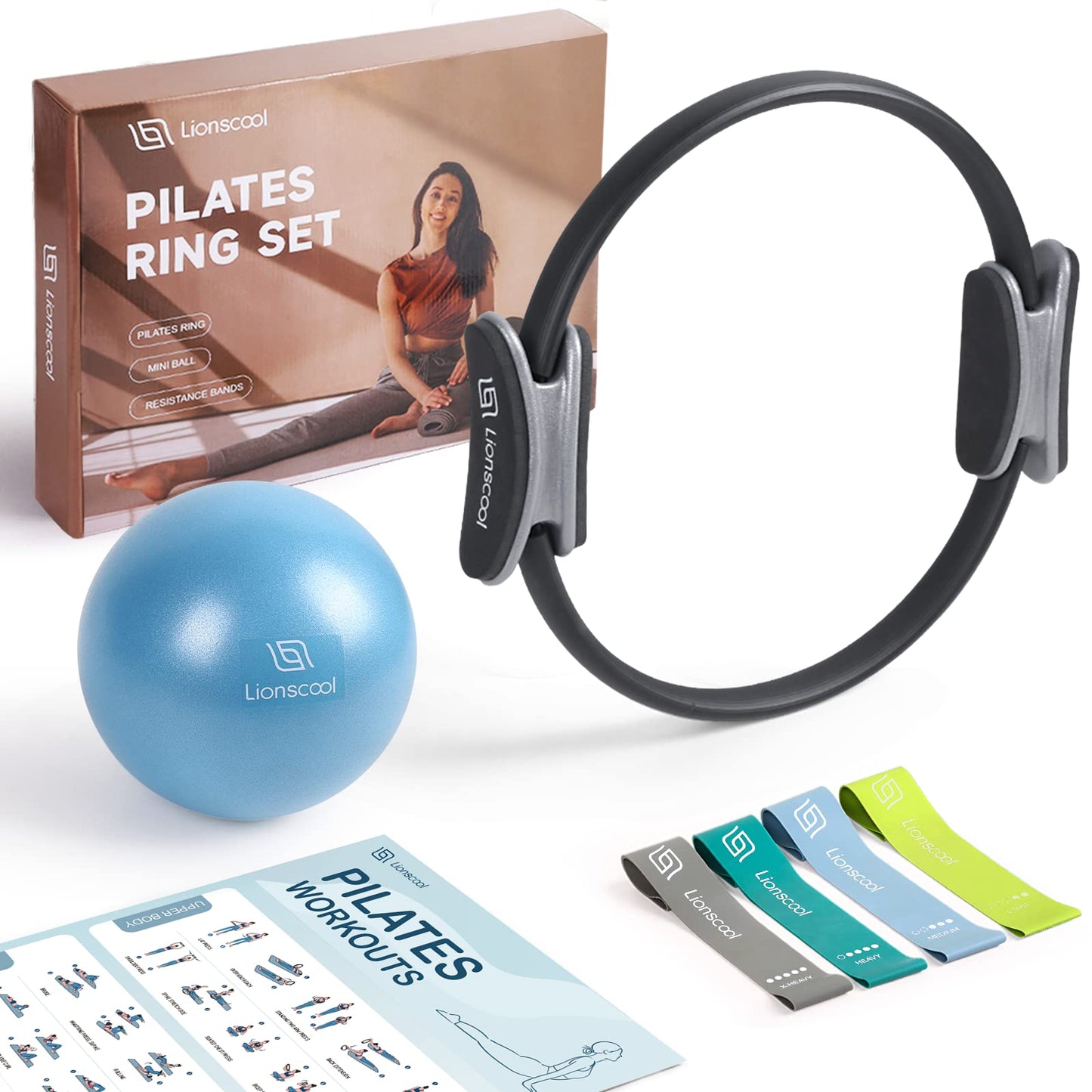 LIONSCOOL Pilates Ring Set (Black) - 14" Anti-Deformation Magic Circle with Padded Handles, 9" Mini Ball, Elastic Latex Resistance Bands, Guide & Bag