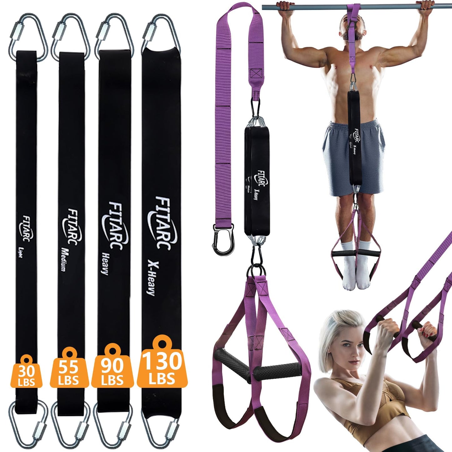 Fitarc Pull Up Assistance Bands Set,Pull Up Assist Strap with Handle,14 Levels of Assistance Up to 300LBS, Purple