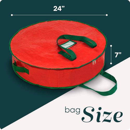 Handy Laundry Christmas Wreath Storage Bag - 24 Inch Durable Tarp Material with Zipper & Sturdy Handles, Red