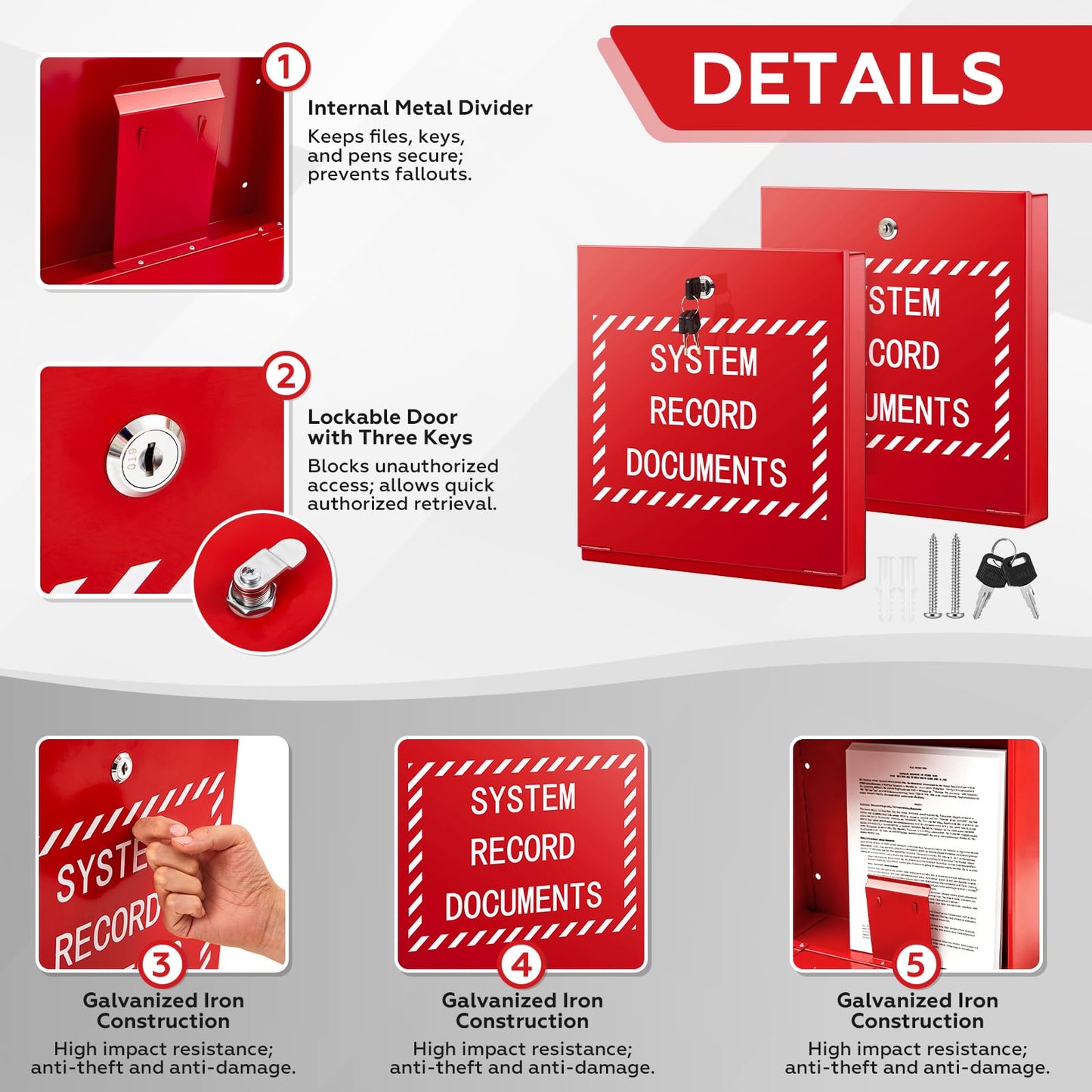 Zonon 2 Sets Systems Record Document Cabinet Lock, System File Cabinet Locking Document Storage Red for Office Home with Keys and Screws(12 in x 13 in x 2.35 in)