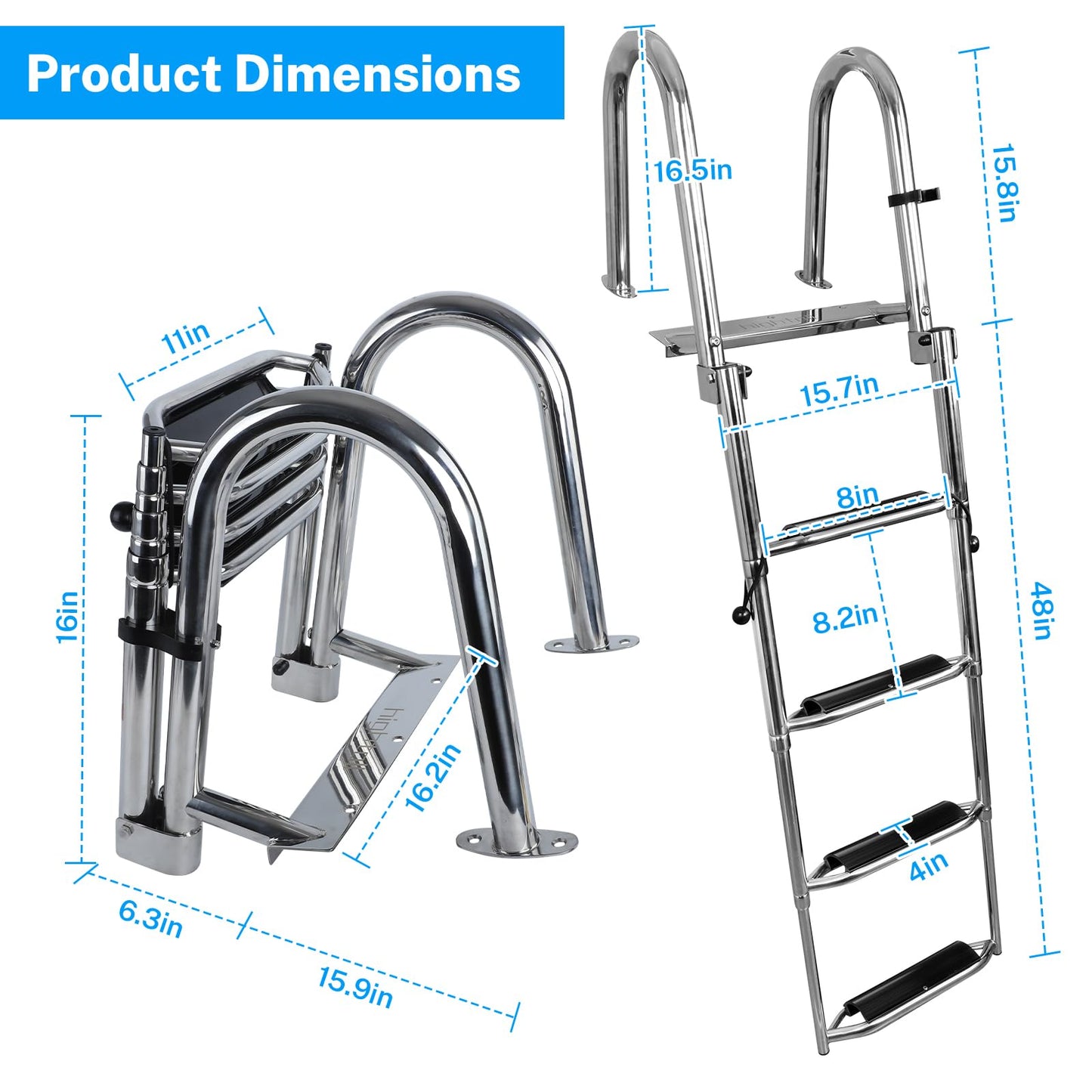 Pontoon Boat Ladder,Polished 316 Stainless Steel 4 Step Telescoping Ladder,600LBS Capacity for Sailboats,Ships,Most Swimming Pools,Docks,pontoons.