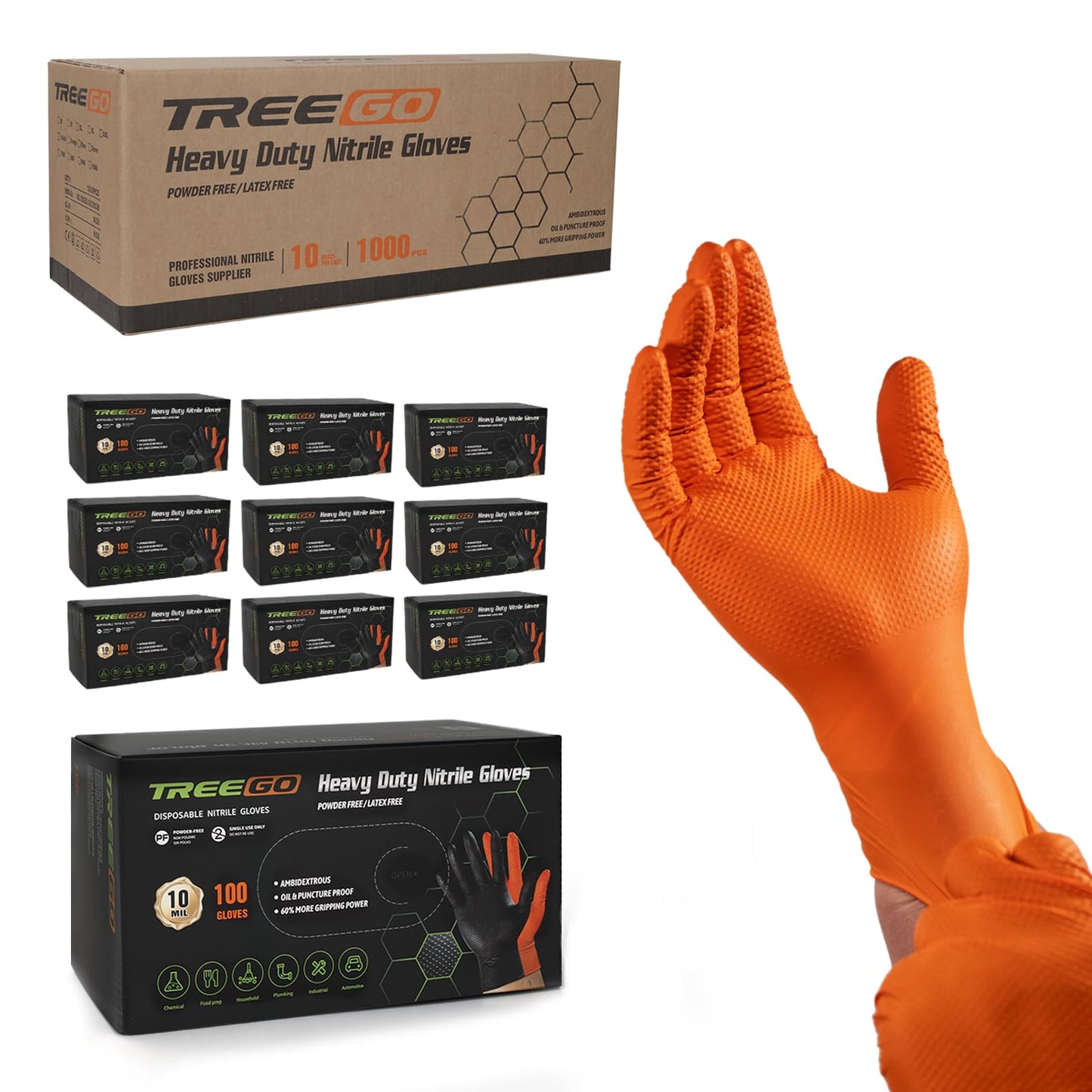 TREEGO Orange Nitrile Gloves 10 Mil Heavy Duty Disposable Latex Free Gloves – Diamond Grip Mechanic Gloves for Automotive Construction Work, Medium, 1000 Count Case