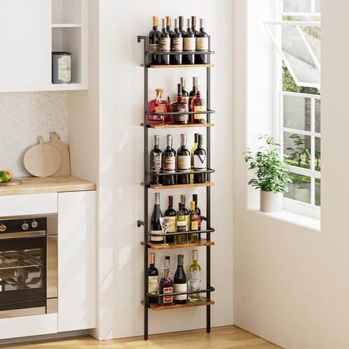 Heakrit 5-Tier Wine Rack Wall Mounted, Wine Racks Freestanding Floor with Fences, 50 Bottles Wine Bottle Holder Liquor Cabinet Bar Shelves for Home, Kitchen, Dining Room (Brown)