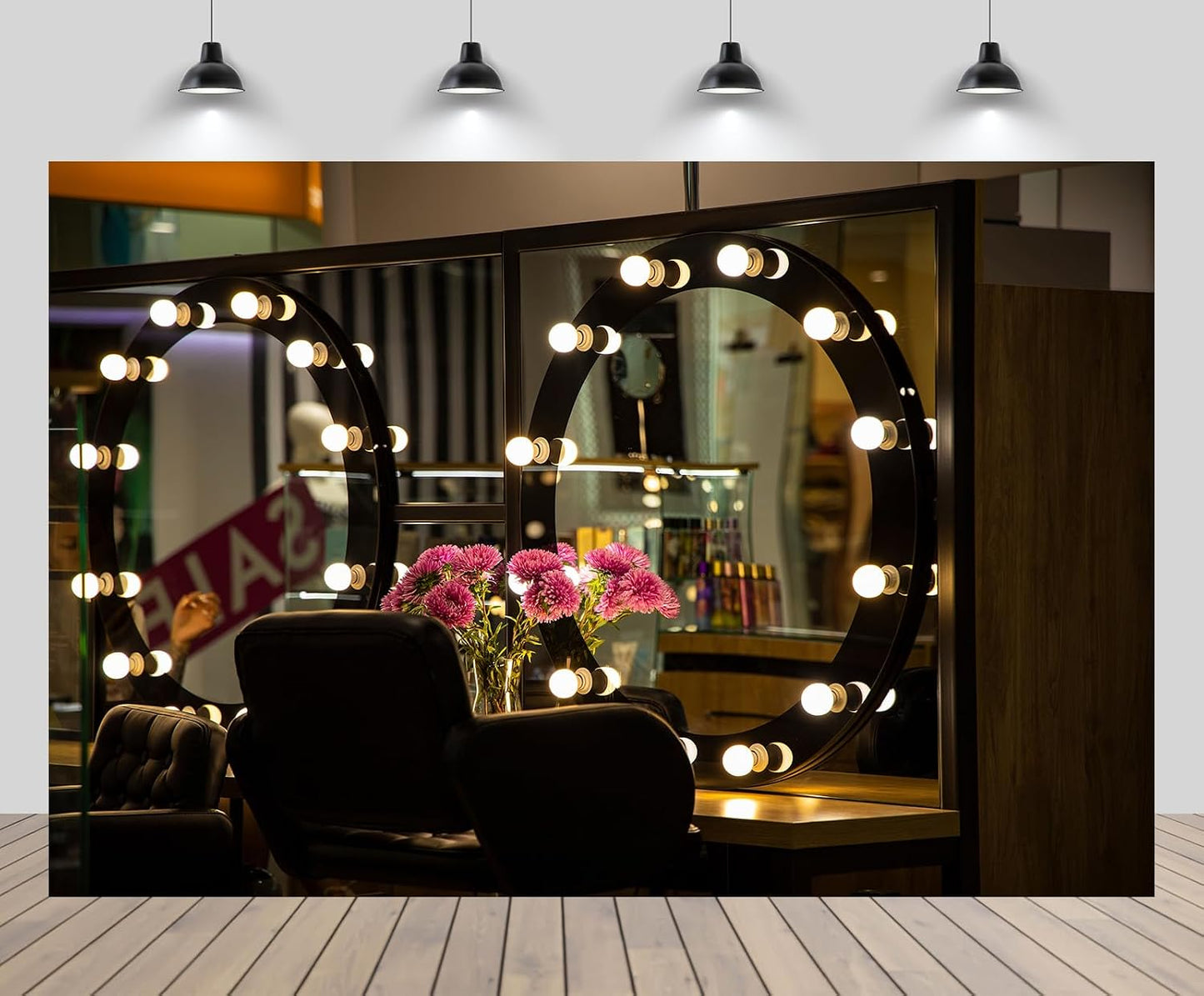 CHNYWORK 6ftx4ft Bulb Makeup Room Backdrop Beauty Salon Interior Mirror with Light Frame Dark Background Professional