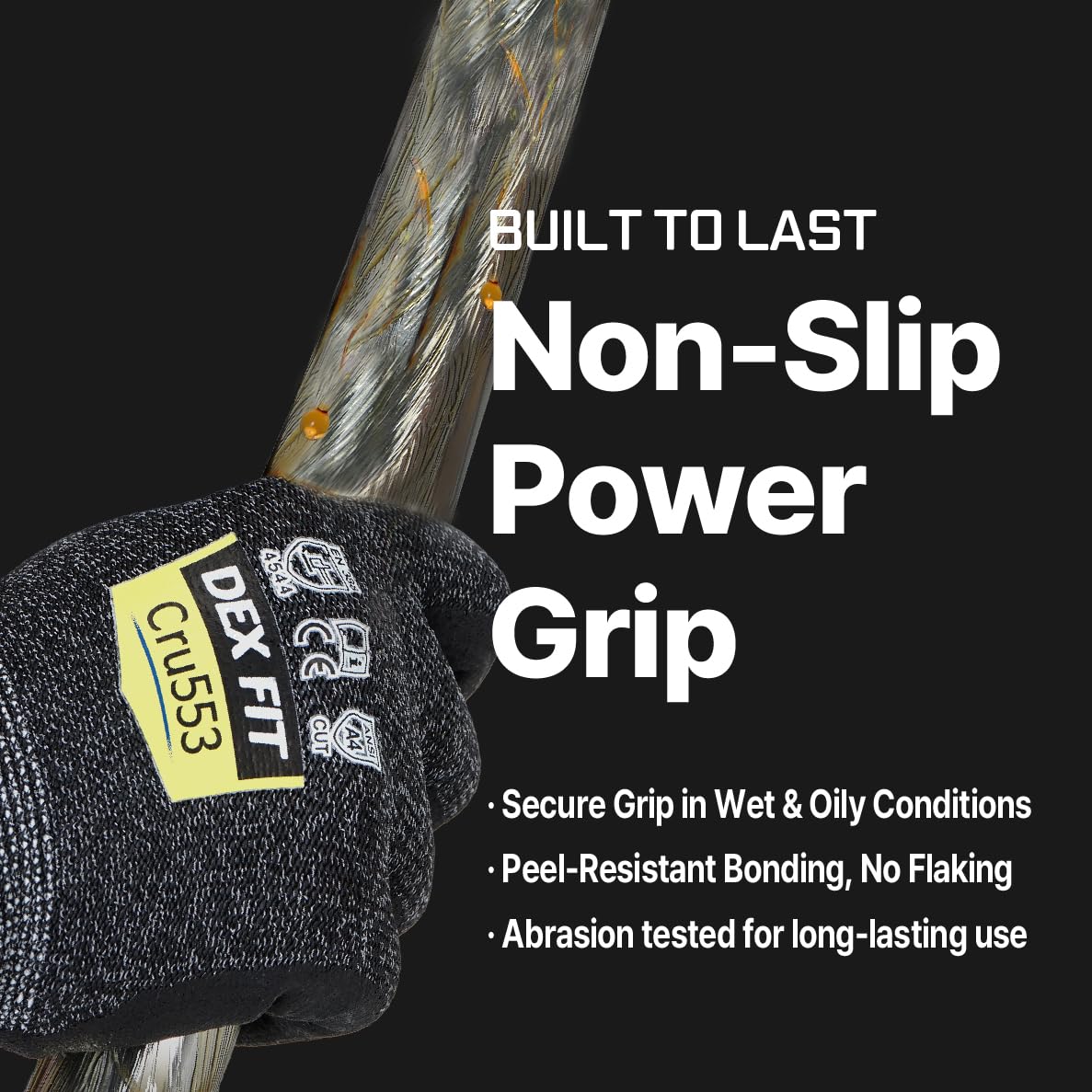 DEX FIT Level 5 Cut Resistant Gloves Cru553, 3D-Comfort Stretchy Fit, Power Grip, Professional Grade, Thin, Touch-Screen Compatible, Durable, Machine Washable; Black Gray L (9) 12 Pairs