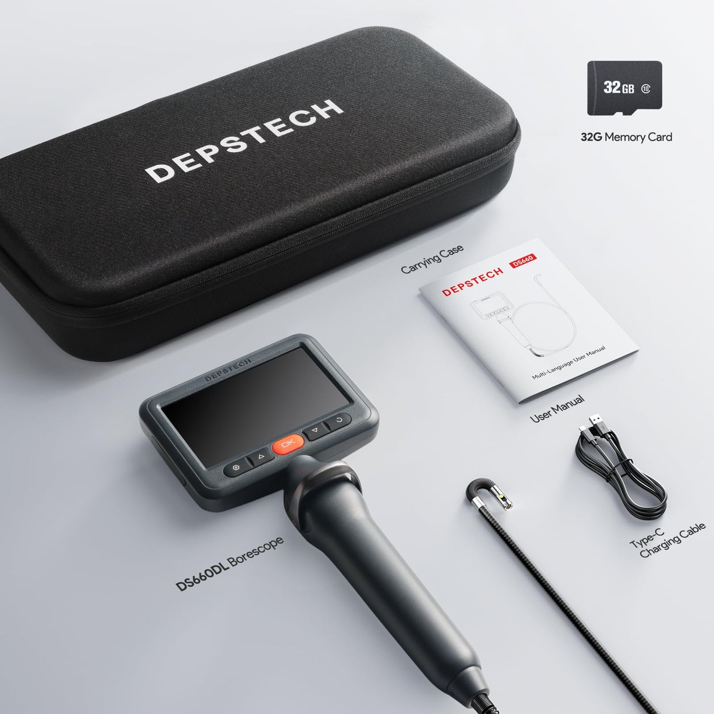 DEPSTECH Dual Lens Borescope Camera with Light, Two-Way Articulating Borescope, 5" IPS Dual View Endoscope with 0.33in Slim Probe, 1080P Waterproof Inspection Camera for Wall Auto Engine Inspect-5FT