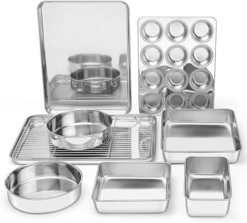 E-far 9-Piece Stainless Steel Baking Pan Set - Versatile Bakeware for Cakes, Cookies & Muffins | Dishwasher Safe