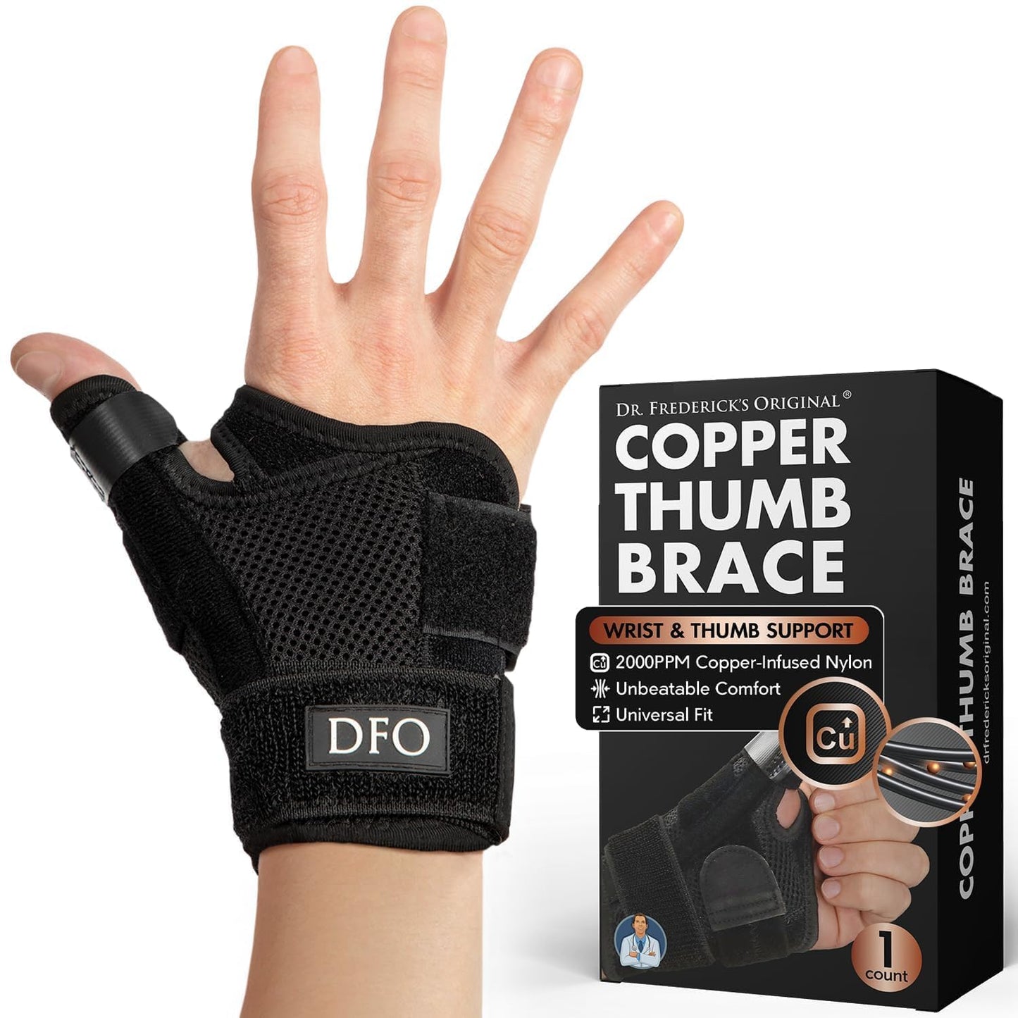 Dr. Frederick's Original Doctor-Developed Copper Thumb Brace – Wrist & Thumb Support for Arthritis, Tendonitis & De Quervain’s – Reversible Spica Splint for Pain Relief - 1 Brace - Adjust-to-Fit