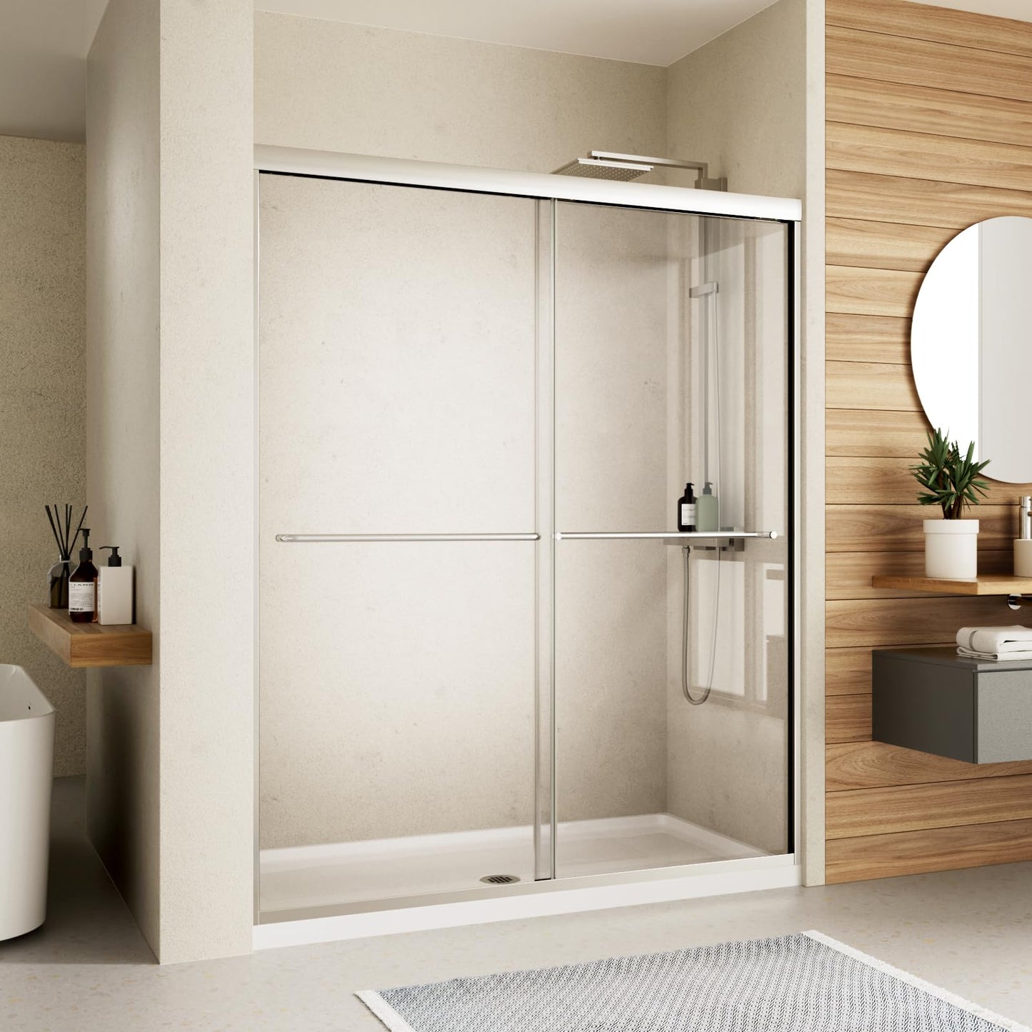 Shower Door,44-48" W x 70" H Semi-Frameless Double Sliding Shower Doors with 1/4'' (6mm) Clear SGCC Tempered Glass Shower Panel,Chrome Finish