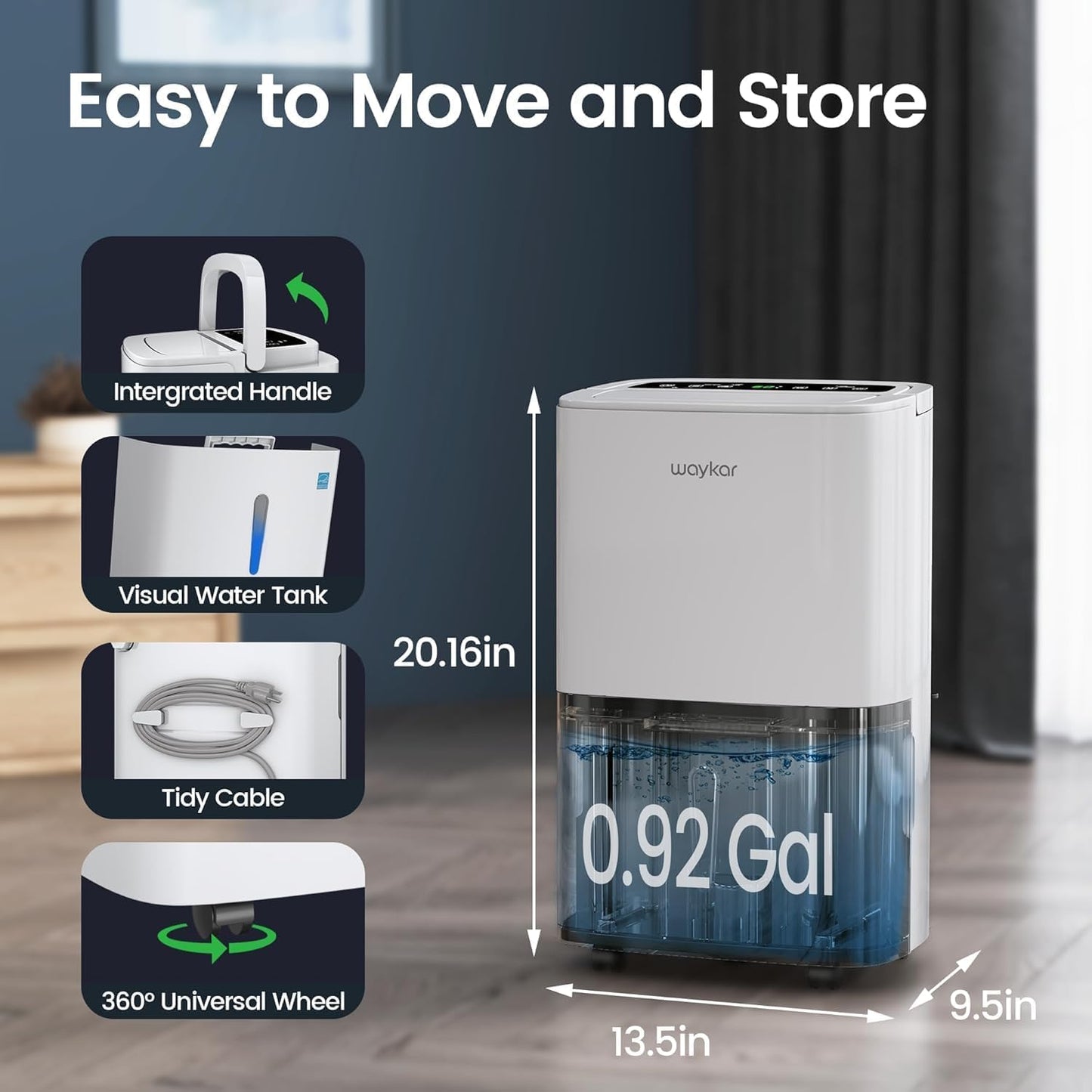 Waykar 6,500 Sq. Ft. 120 Pints 2025 Energy Star Dehumidifier for Home and Basement with Auto or Manual Drainage, Portable, Auto Defrost and Self-Drying, Ideal for Large Rooms