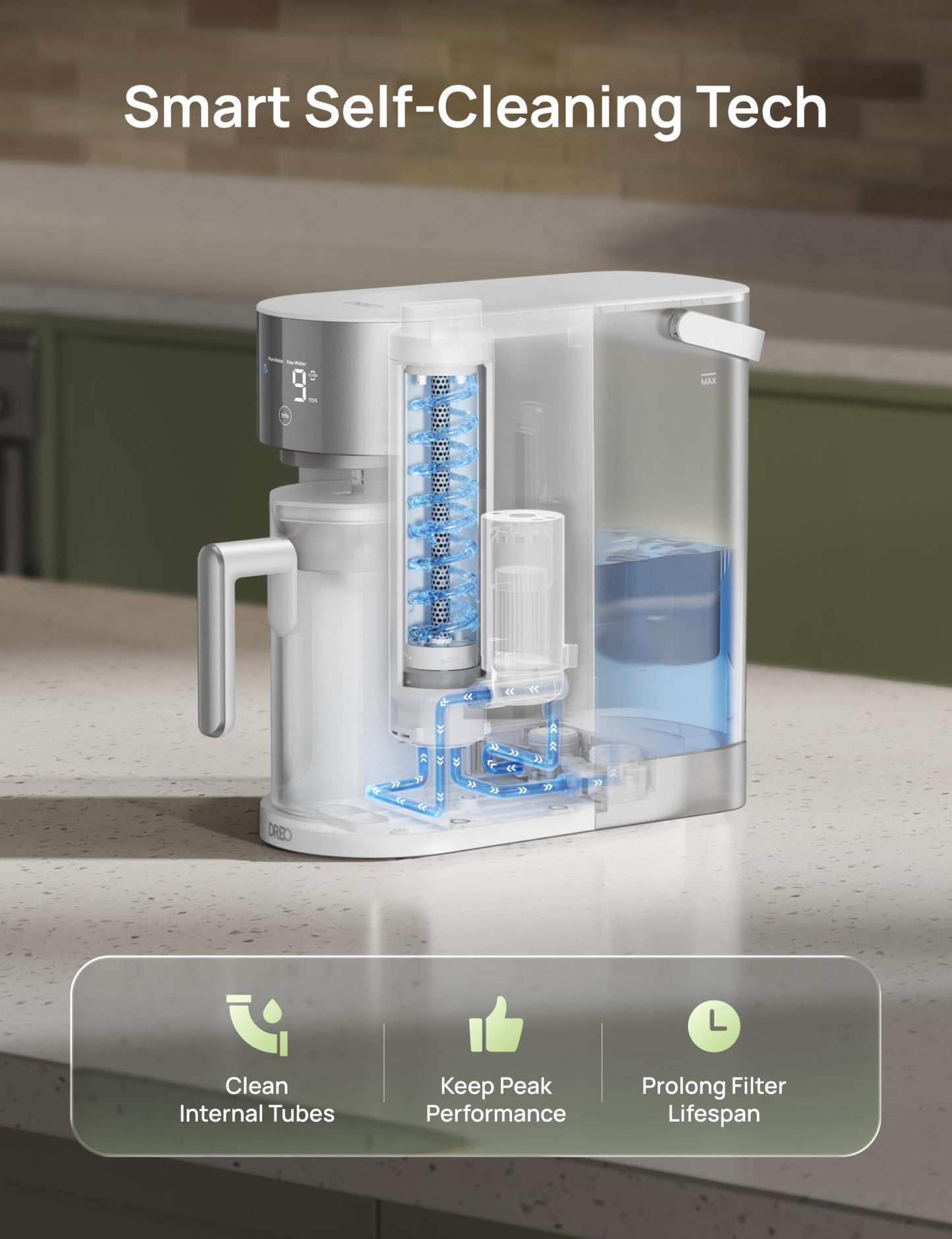 DREO Reverse Osmosis Water Filter Countertop, RO Filtration System, 3:1 Pure to Drain, TDS & Filter Life & 2 Autofill Pitchers, Self-Cleaning Water Purifier, RO Water Filter