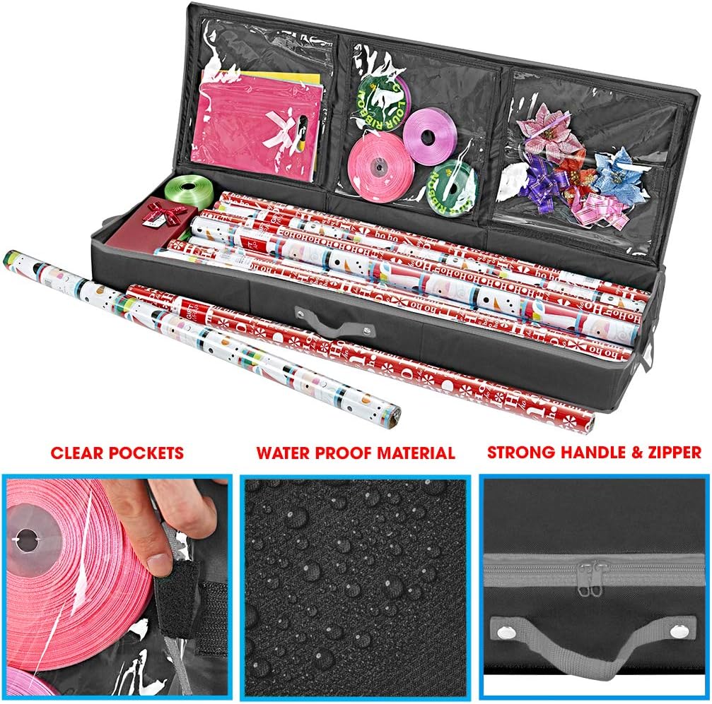 Primode Wrapping Paper Storage Container - Under Bed Gift Wrap Organizer | 41”x14”x6” | Holds 18-24 Rolls Up to 40” | Durable 600D Oxford Material | Pockets for Ribbons and Bows (Black)