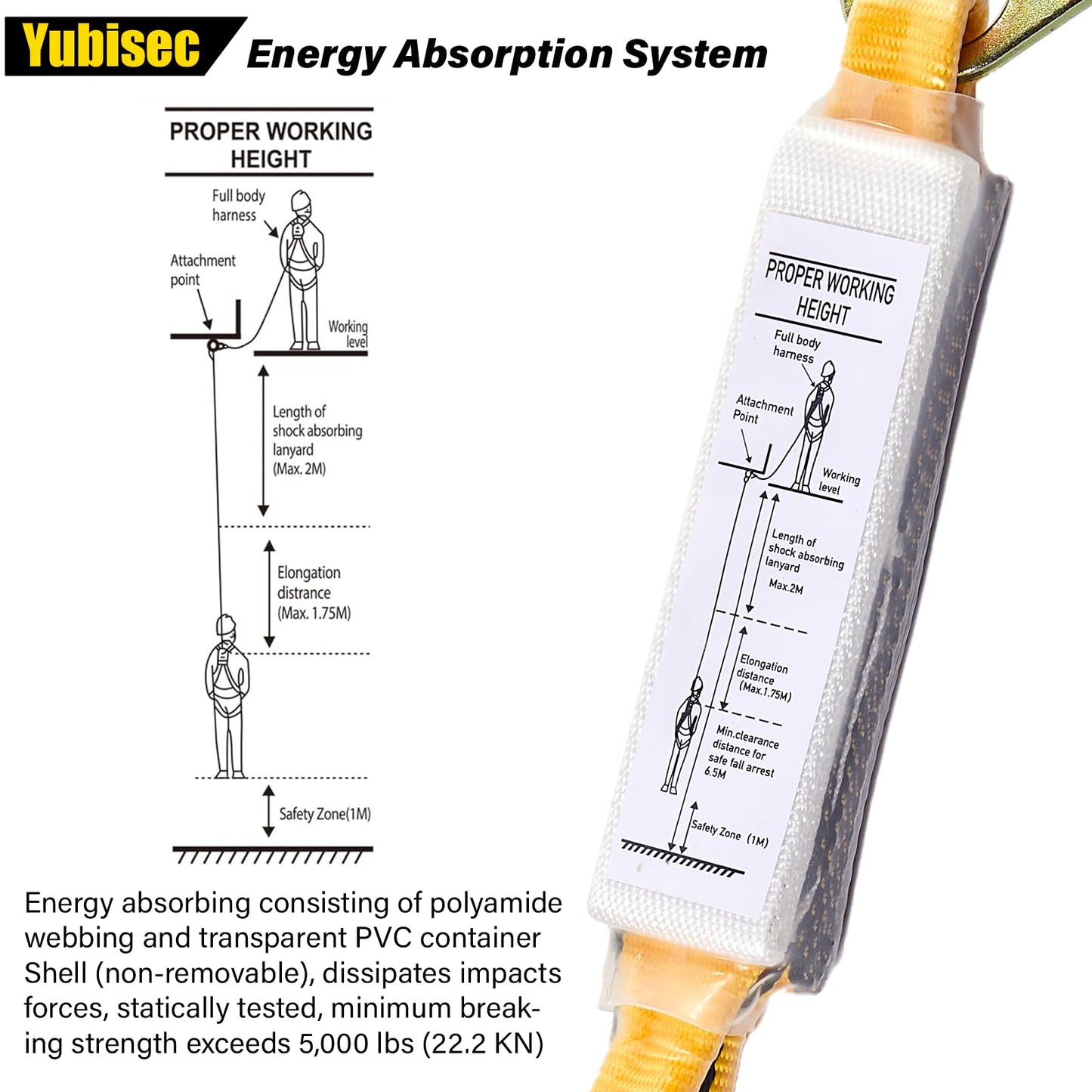 Yubisec Rope Harness Safety Lanyard 25FT, Vertical Lifeline Assembly with Grab Snap Hooks Shock Absorber, Fall Protection Tree Climbing Lifeline Kit, Heavy Duty Roof Safety Equipment ANSI CE