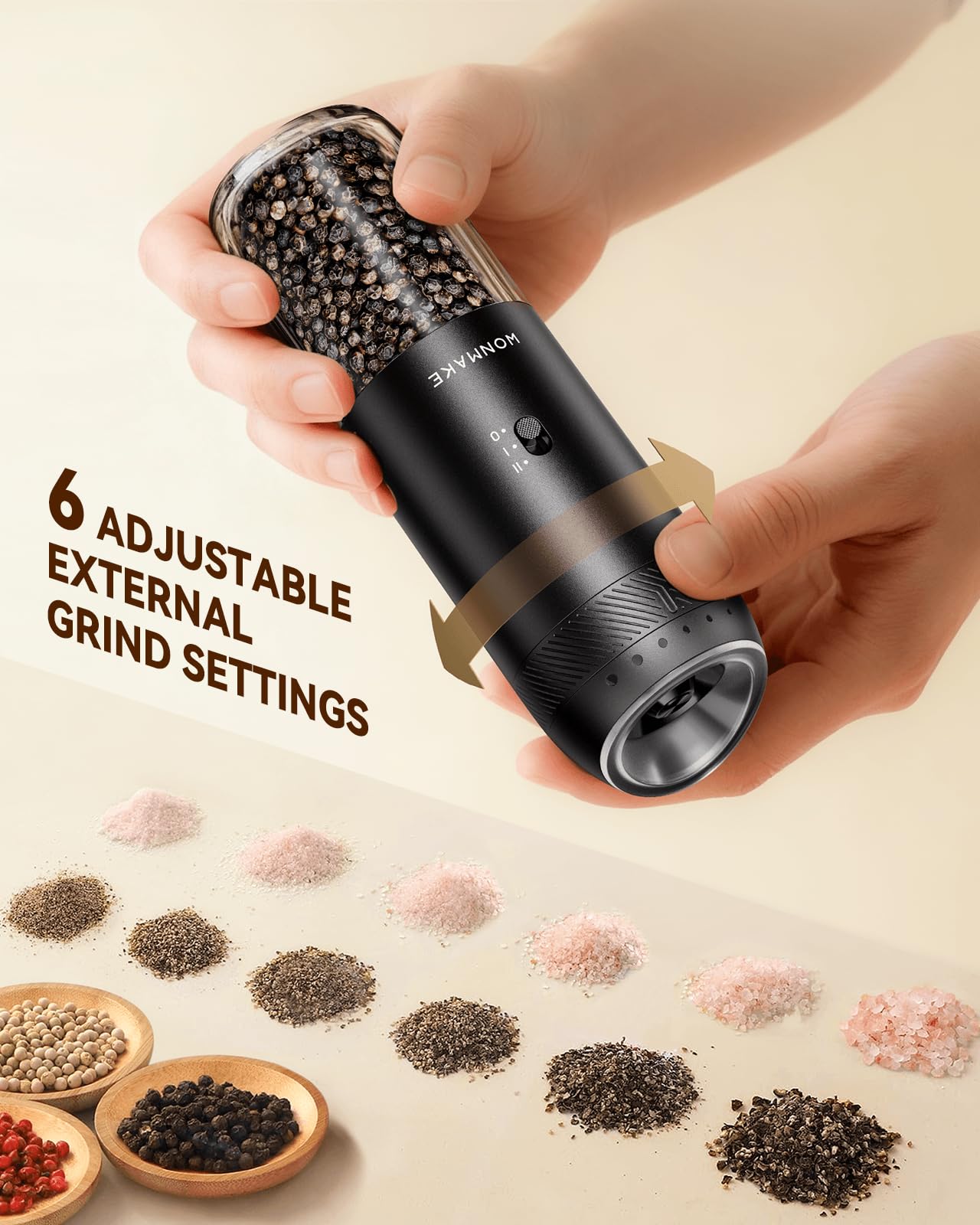 WONMAKE Gravity Electric Salt and Pepper Grinder Set with Charging Base, Automatic Salt and Pepper Mill, 6-Level Adjustable Coarseness, Dual Speed, and Large 5.95oz Capacity