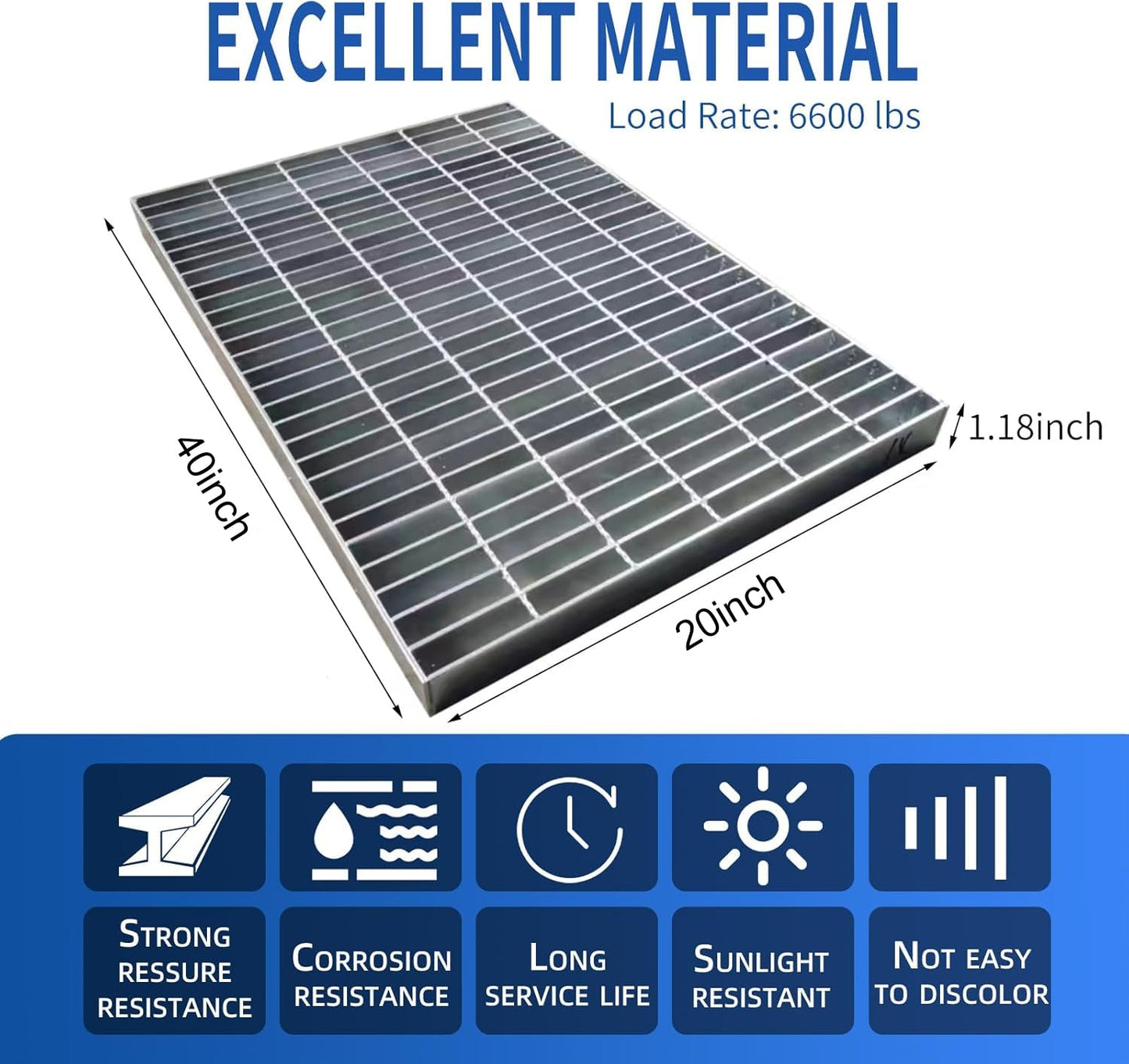 Galvanized Steel Drain Grate, B125 Class Channel Grate, Outdoor Drain Cover, Durable Heavy Duty Sewer Grate, Sliver Square Drainage Grate, Suitable for Garages, Sewers (20 x 40)