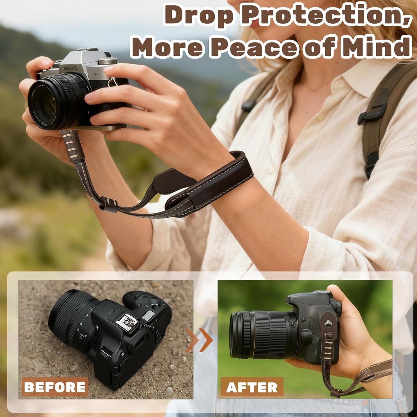 Brvlsoc Vintage Brown Leather Camera Wrist Strap Adjustable Safety Hand Strap for DSLR, SLR, and Mirrorless Cameras
