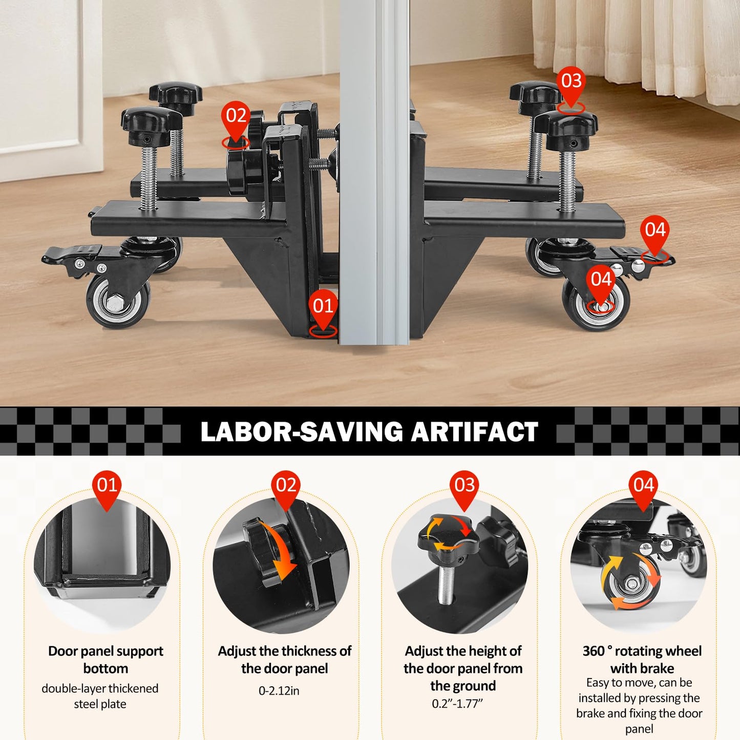 2 PCS Heavy Door Installation Dolly,Door Installation Tool，0-2.12in Door Installation Kit Hold up to 500 lbs，Door Lifter Tool with Rotating for Pre-Hung、Slab and Front Doors