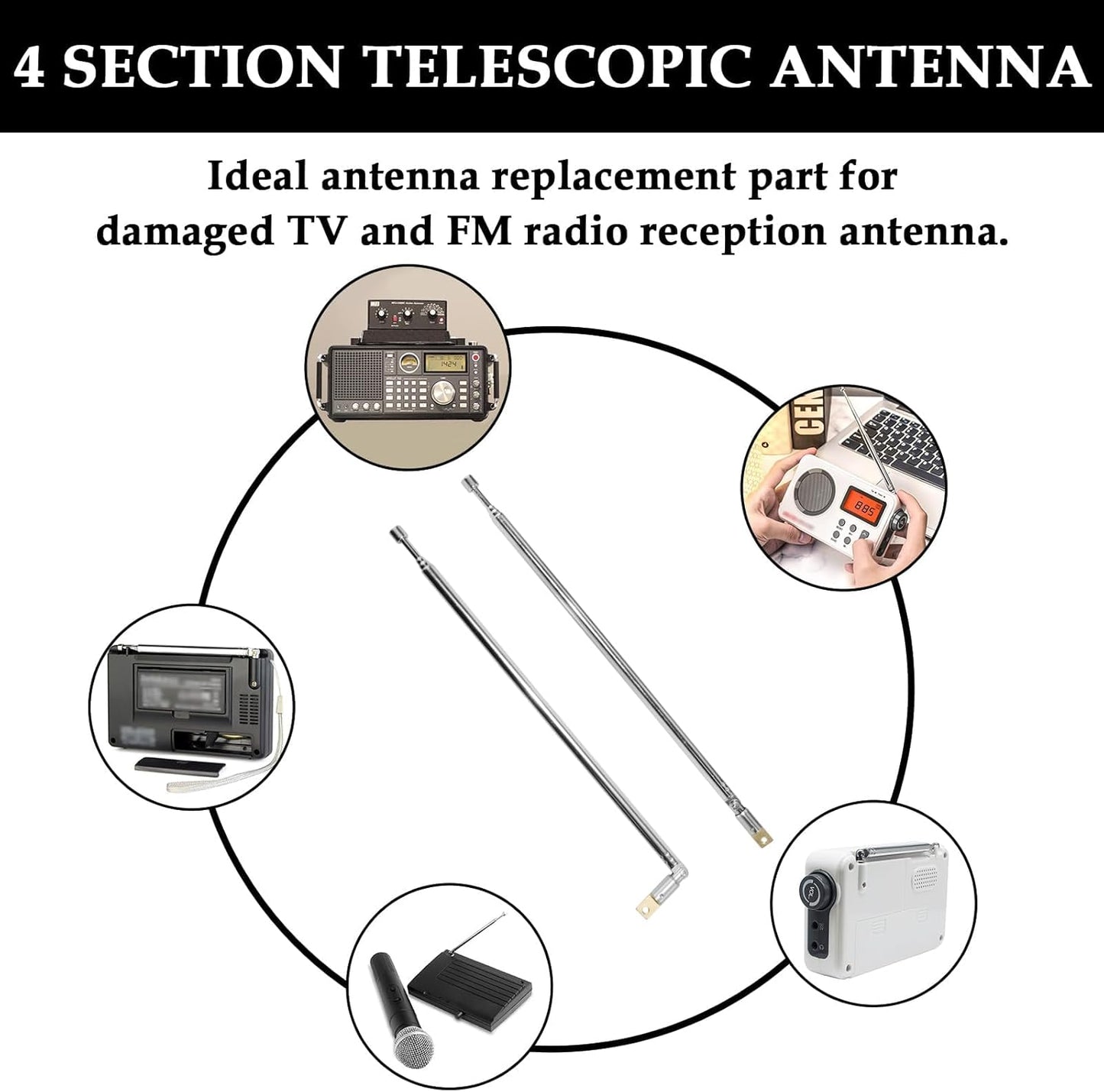 Aifeier ET 2Pcs 24 Inch 4 Telescopic Antenna, Long Section Stainless Steel Radio Antenna for Audio, TV Tuners, Radio
