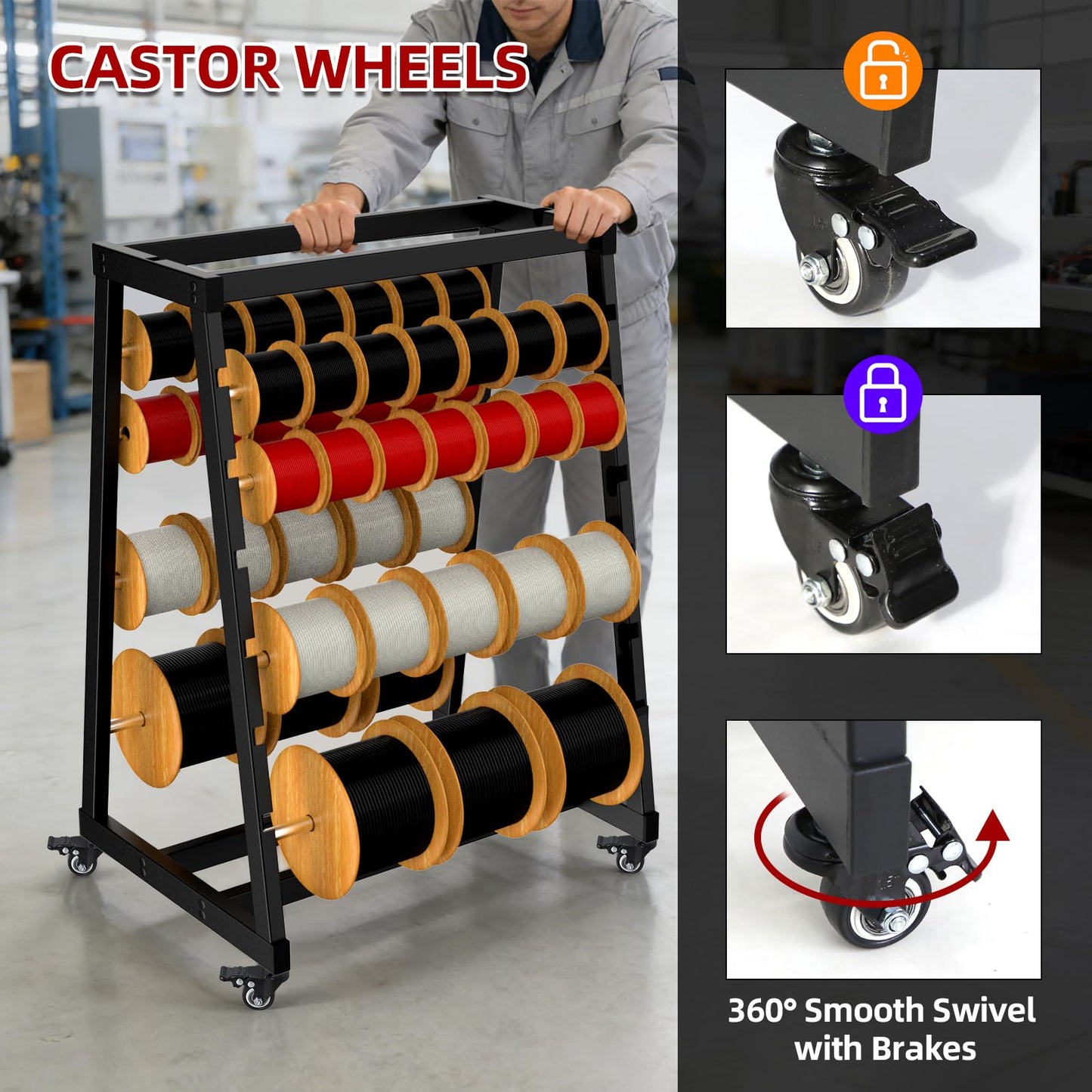 ATOLS Heavy-Duty 13-Rod Wire Spool Rack – 400lb Capacity, Adjustable Cable Caddy & Dispenser with Locking Wheels for Electrical and Industrial Use