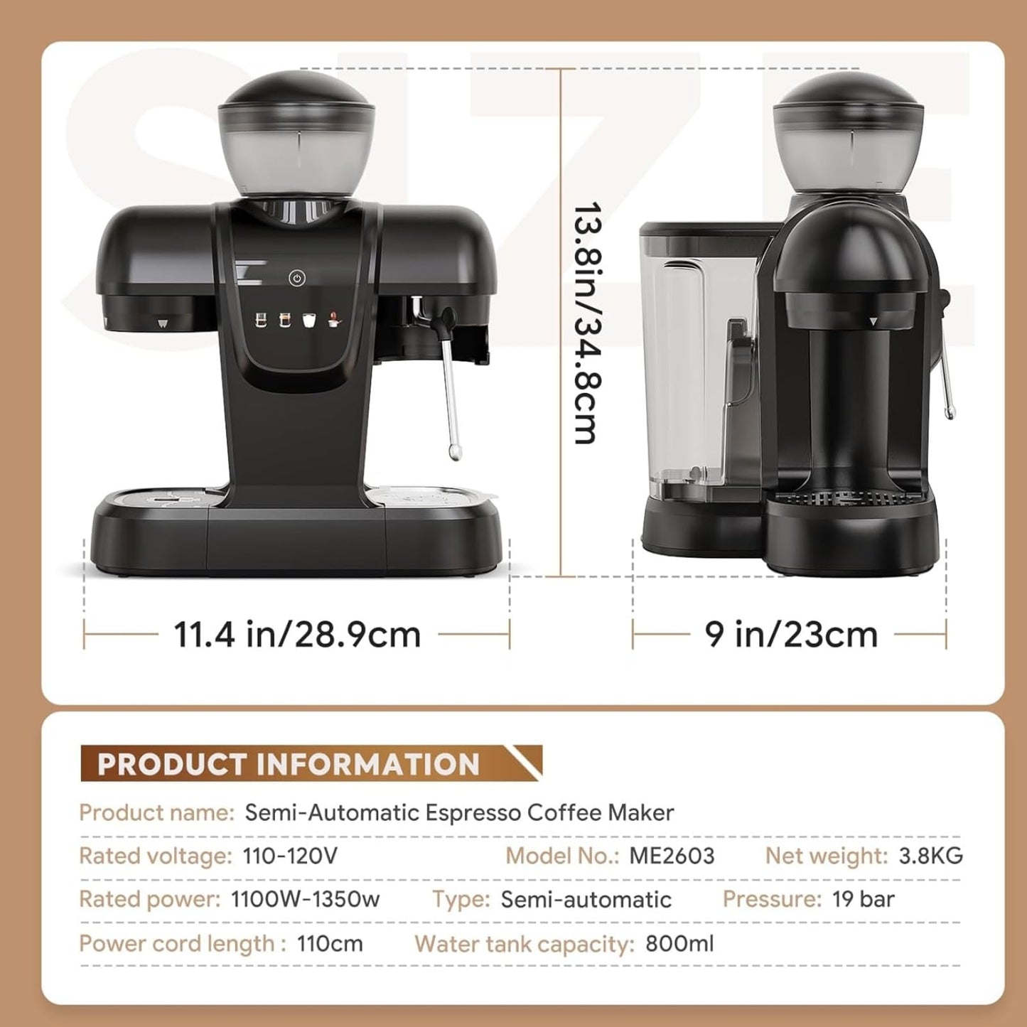 20 Bar Espresso Machine with Grinder & Steam Wand - Semi Automatic Coffee Maker, NTC Intelligent Temp Control, 58mm Stainless Steel Portafilter, One-Touch Panel for Home Barista (Removable Water Tank)