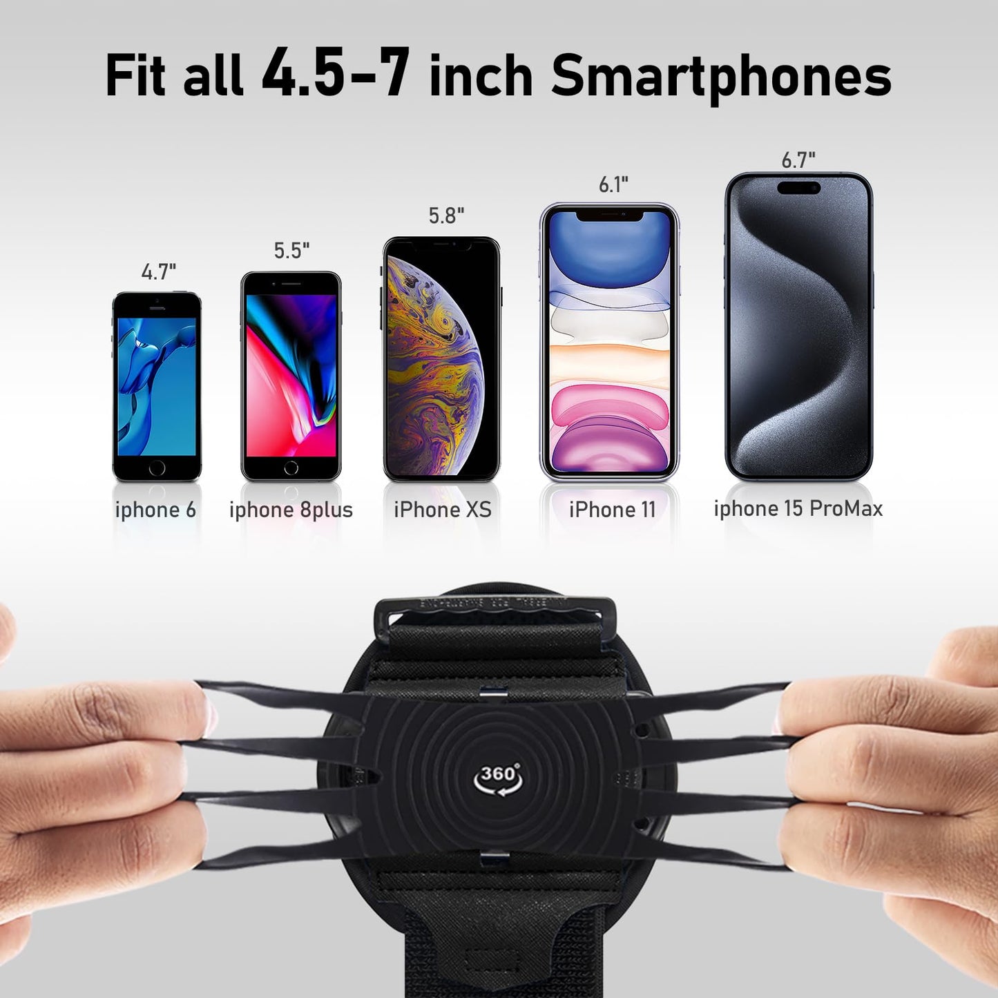 HLOMOM Wristband Phone Holder for Running,Forearm Armbands 360° Rotatable & Detachable Compatible with All 4.5-7 inch Cellphone for iPhone 16/15/14/Pro/ProMax/13/12/11/mini/XS/XR,for Workout Jogging